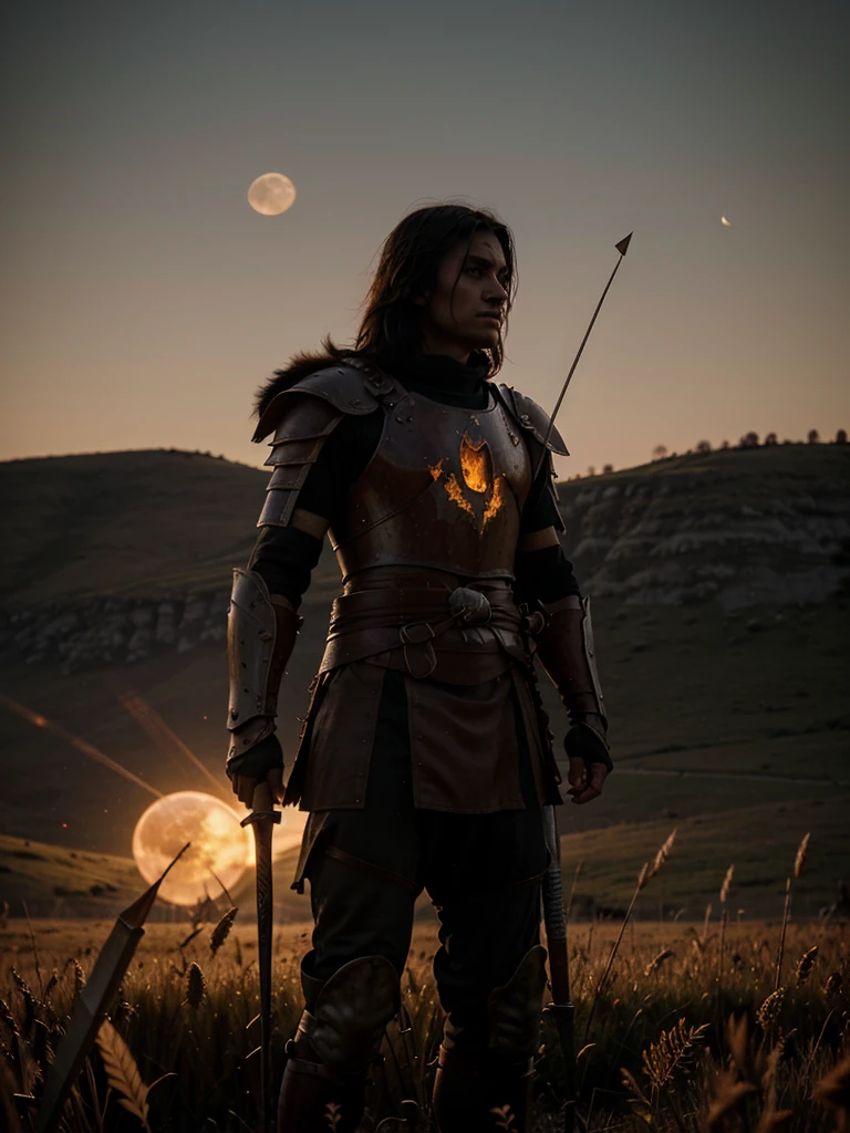 A lone warrior against an entire army, field, sunset, beautiful moon, fire , war, weapons, Arrows , spear in the hand of a warrior , Spartan armor, distant side view, 4K