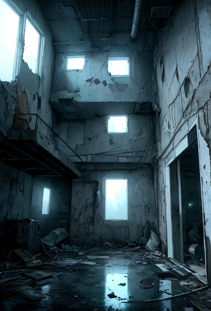 masterpiece, best quality, (abandoned futuristic house), (suspense environment), cement stairs, worn walls, cracks, cables, abandoned boxes, garbage and papers on the floor, pipes, Zoom in on window, window with broken glass, Window in the center, Night time,  Window in center of frame, (dense fog), , dust in the environment, wet floor, light reflections on the floor, very dark night, Cyberpunk, dark lighting