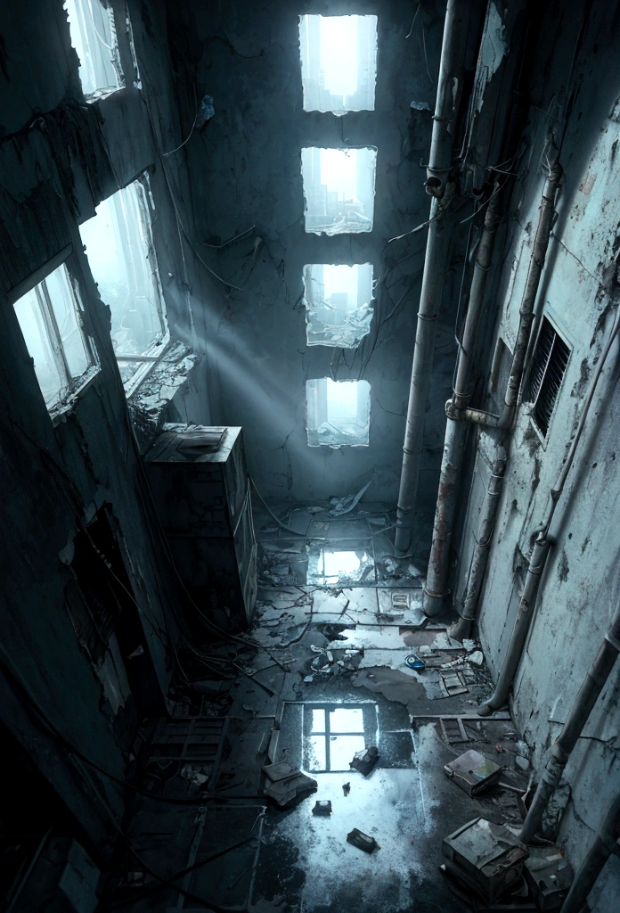 masterpiece, best quality, (abandoned futuristic house), (suspense environment), cement stairs, worn walls, cracks, cables, abandoned boxes, garbage and papers on the floor, pipes, Zoom in on window, window with broken glass, Window in the center, Night time,  Window in center of frame, (dense fog), , dust in the environment, wet floor, light reflections on the floor, very dark night, Cyberpunk, dark lighting