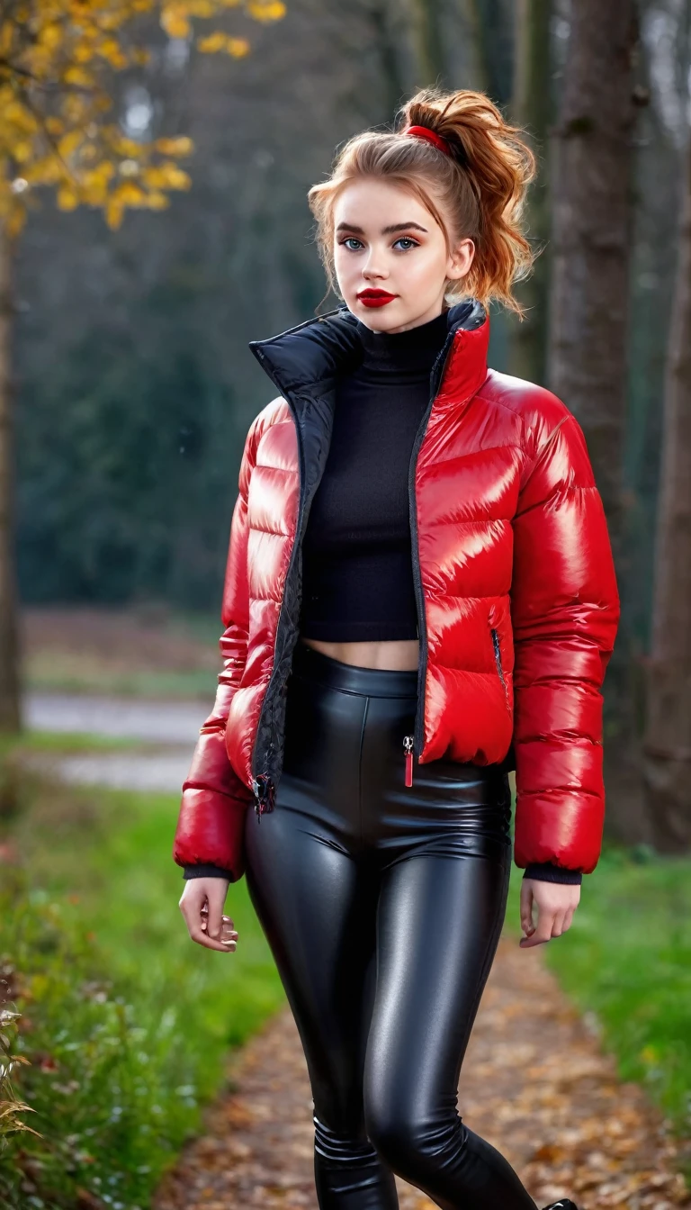 ultrarealistic high quality fullbody photo of a beautiful slim european girl with cute hyperdetailed shy face and natural redhead short messy bun and mischievous face, realistic round hazel eyes, red lips, dark eye makeup with eyeliner, wearing shiny red puffer jacket and faux leather leggins, hourglass body, outdoor shooting