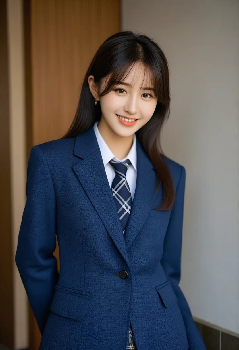 8K, Ultra-high resolution, Highest quality, masterpiece, 三分割法によるphotograph,Surreal, photograph, 1 Girl, (:1.3), pretty girl, Cute face, Beautiful eyes in every detail, 細かくdetailedに,masterpiece,, One Girl:1.2, Japan Female Announcer、Cowboy Shot,((very small head:1.3)),Center-parted bangs,amount,Black Hair,Long Hair,Iris,Gorgeous eyes,smile,((Toned body,Slender body,skinny)),(school uniform、Dark blue blazer jacket、Navy blue tie、Grey plaid pleated mini skirt),Glowing Skin,Shiny skin,Climbing the stairs,Fire escape in a building,Full of sex appeal,Sensual,屈託のないsmile,Heal the heart,Low - Angle、beauty,Long neck、Laugh a little、Please close your mouth and laugh、(((Ideal body type))),A cup small breasts :2,、Portraiture:2、Perfect Anatomy、鮮明なdetailed、detailed、Surreal、Light and shadow,Strong light