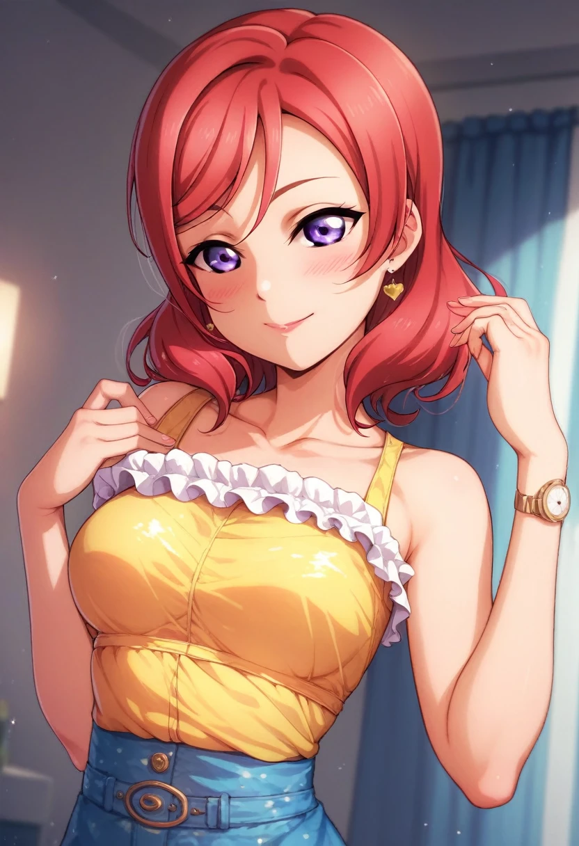 Maki nishikino,love live,highres,red hair ,dolo, purple eyes,blush ,collarbone , yellow latex crop top with see through frills,high waist blue pants,hand watch, fashion , (smile:0.6),(lipstick:0.7)