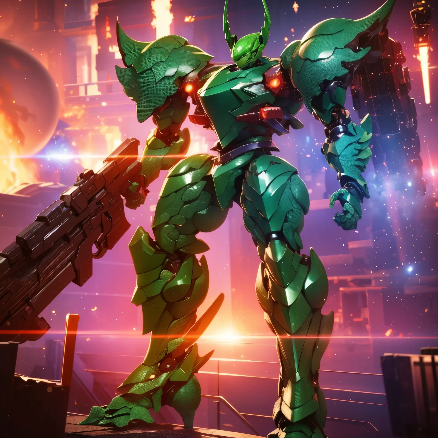 (artwork, better quality:1.7)Slender mech holding a medium-sized shotgun. The twig-looking thrusters. (Rounded and smooth body 1:5, green scaly armor: 2). Carried two spare weapons, a closed-barreled shotgun and a heavy-caliber pistol. extremely detaild, 8k, HDR, naturallight, cinematic lighting, masterpiece-anatomy-perfect, ultra hd, (Space Combat:1.3, battlefield:1.3), raw photo, metallic, professional, ultra-fine painting, perfect body proportions, anatomically correct, UHD, real texture material, Anti-aliasing, FKA, THAI, SSAO, Post processing, Post Production, Tone Mapping, cgi, VFX, SFX, Hyper maximalist, volumetric, ultra photorealultra-detailed intricate details, (full body:1.3)