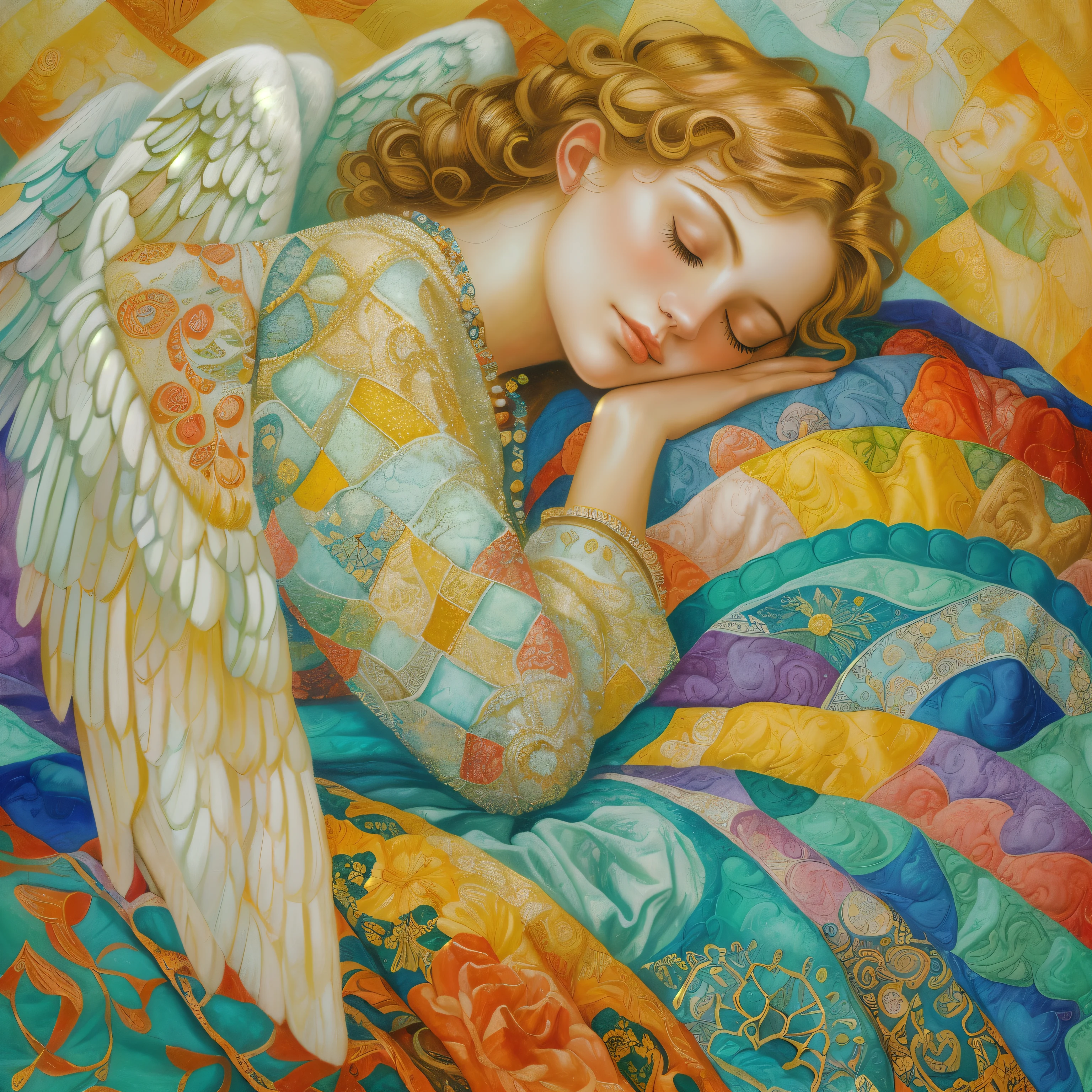 painting of a woman sleeping with her head on a quilt, full of paintings of angels, by Jane Small, of beautiful angel, beautiful angel, by James C. Christensen, by Victor Nizovtsev, by Jeremiah Ketner, portrait of a beautiful angel, angel, inspired by James C. Christensen, georgy kurasov, full of colors and rich detail