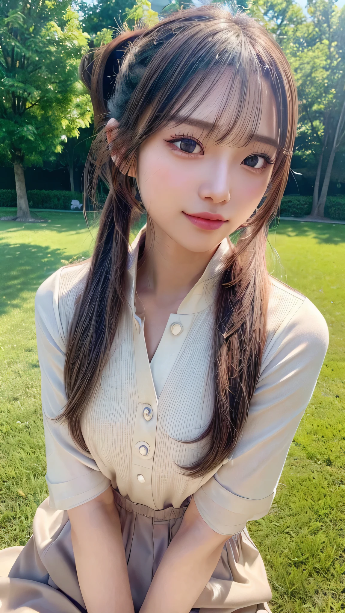 One piece with collar,outdoors,Urban Park,On the lawn,Ultra-detailed, finely detail, hight resolution, 8K Wallpaper, Perfect dynamic composition, Beautiful detailed eyes,Outdoor,Close-up of face,Outdoor,Blushing,Facing forward,,Long hair ponytail,((8k, Raw photo, Best Quality, Mastepiece:1.2), (Realism, Photorealistic:1.4), (Highly detailed 8K wallpapers), Depth of written boundary, Cinematic Lighting, Soft Light, Detailed Beauty Eye,Shiny and smooth light brown ponytail, Asymmetrical bangs, Shiny skin, Ultra-detailed skins ,It is high resolution., High detail, Detailed hairstyle, Detailed facial beauty, Hyper-realistic, Perfect limbs, Perfect Anatomy ,1 Japanese girl,Famous Japanese Idols, Perfect female body,A shy smile,Short eyelashes,Double-edged eyelids,Look straight here,Hair style: ponytail,