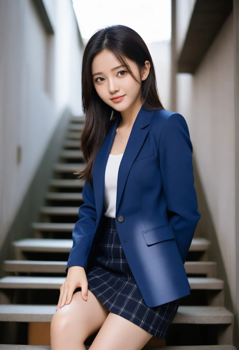 8K, Ultra-high resolution, Highest quality, masterpiece, 三分割法によるphotograph,Surreal, photograph, 1 Girl, (16 years old:1.3), pretty girl, Cute face, Beautiful eyes in every detail, 細かくdetailedに,masterpiece,, One Girl:1.2, Japan Female Announcer、Cowboy Shot,((very small head:1.3)),Center-parted bangs,amount,Black Hair,Long Hair,Iris,Gorgeous eyes,smile,((Toned body,Slender body,skinny)),(school uniform、Dark blue blazer jacket、Navy blue tie、Grey plaid pleated mini skirt),Glowing Skin,Shiny skin,Climbing the stairs,Fire escape in a building,Full of sex appeal,Sensual,屈託のないsmile,Heal the heart,Low - Angle、beauty,Long neck、Laugh a little、Please close your mouth and laugh、(((Ideal body type))),A cup small breasts :2,、Portraiture:2、Perfect Anatomy、鮮明なdetailed、detailed、Surreal、Light and shadow,Strong light