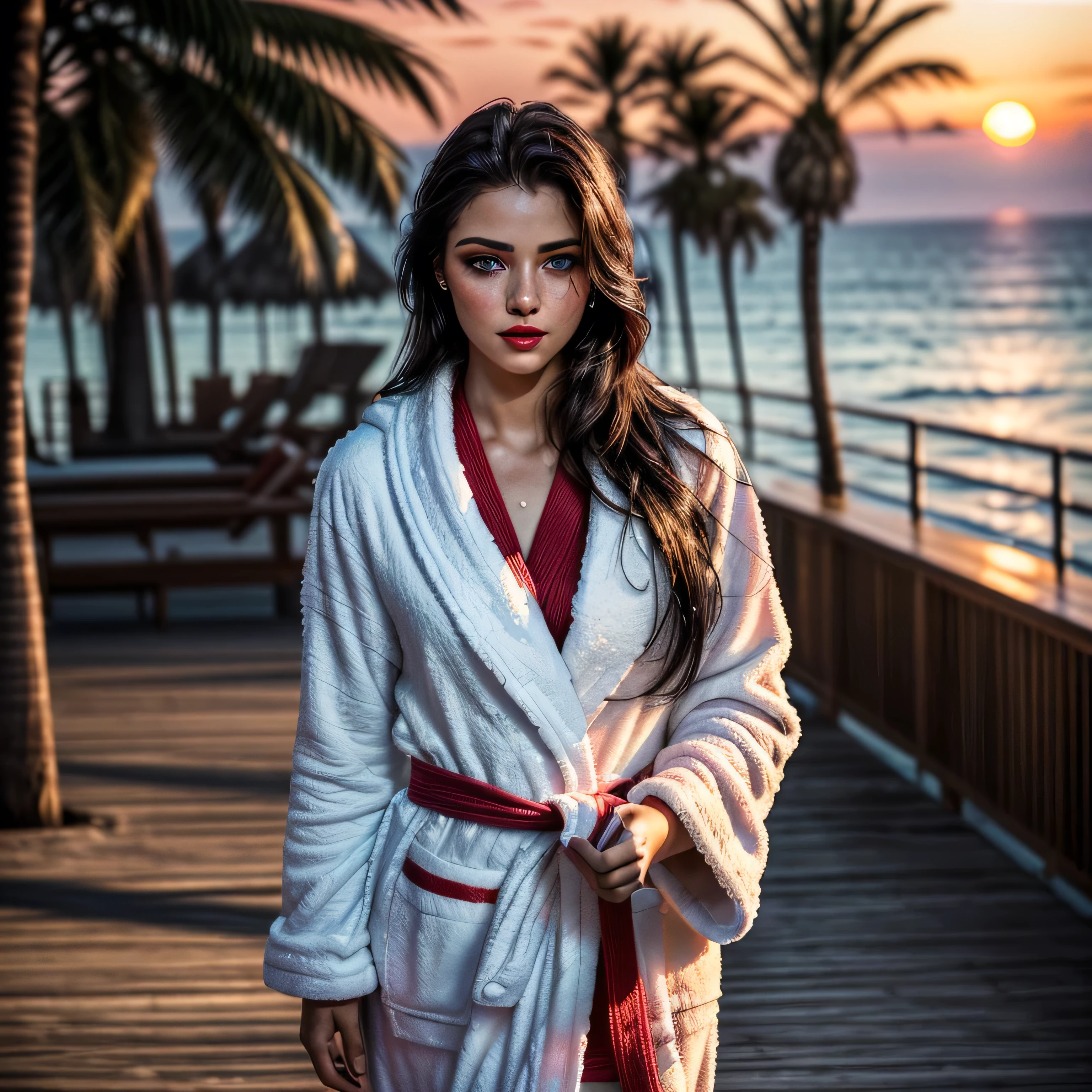 (masterpiece, photorealistic:1.4, extremely intricate:1.3), (photon mapping, radiosity, physically based rendering, ultra resolution, hyper-realistic, 8K), ((athletic teenage supermodel, nineteen female, ((((standing, lunging)), wrapped in a  fuzzy white bathrobe, [from above:looking away:0.2])), glisten, smirking, playful, 19 years old, ((bright red lips, upper torso, portrait)), long eyelashes, ((makeup:1.4, [skin detail:freckles:0.8]))), clear blue eyes, outdoor cruise ship, topdeck, (background faraway ocean beach palm trees), professional photograph elegant:1.2 girl, (long straight [glossblack hair:black hair:0.5])), BREAK ((film grain, dramatic, award winning, cinematic, diffusion, diffused, sunset), bokeh, blurry background, interaction, water reflections)