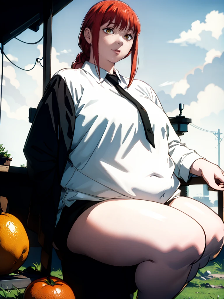 Le personnage Makima de la série animée Chainsaw Man, fragile, obésité morbide, ssbbw, pleine longueur (corps entier 1.1.), fond sombre, obscurité, anatomie correcte 1.1, anatomie correcte de la main, Très féminin, corps gras et rond, grosses Jambes, fesses, beau corps obèse, ventre rond et mou très gras, cheveux roux, Yeux oranges, Cercles rouges pour les écoliers, chemise blanche, jupe noire, cravate noire, pose sexy, réaliste, very détaillé, beau corps, détaillé body, détaillé hands, détaillé, vibrant, détaillé Face, Conception des personnages de Makima. very détaillé, détaillé body, détaillé hands, détaillé Face, Art animé, Hugh Détails, Visage très abattu, détaillé eyes, Illustration ultra fine, Meilleure ombre, détail fin, beautiful détaillé glow, beautiful détaillé, Extraordinairement beau, extremely détaillé, inexpressif, composition épique, Style animé. art animé, Style animé. Jupe noire, chemise blanche, cravatte, pose sexy, visage gros gras et bouffi, double menton