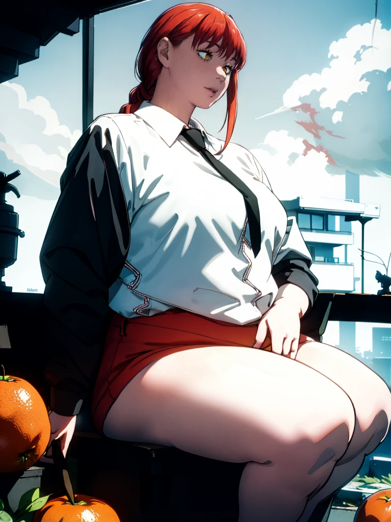 Le personnage Makima de la série animée Chainsaw Man, fragile, obésité morbide, ssbbw, pleine longueur (corps entier 1.1.), fond sombre, obscurité, anatomie correcte 1.1, anatomie correcte de la main, Très féminin, corps gras et rond, grosses Jambes, fesses, beau corps obèse, ventre rond et mou très gras, cheveux roux, Yeux oranges, Cercles rouges pour les écoliers, chemise blanche, jupe noire, cravate noire, pose sexy, réaliste, very détaillé, beau corps, détaillé body, détaillé hands, détaillé, vibrant, détaillé Face, Conception des personnages de Makima. very détaillé, détaillé body, détaillé hands, détaillé Face, Art animé, Hugh Détails, Visage très abattu, détaillé eyes, Illustration ultra fine, Meilleure ombre, détail fin, beautiful détaillé glow, beautiful détaillé, Extraordinairement beau, extremely détaillé, inexpressif, composition épique, Style animé. art animé, Style animé. Jupe noire, chemise blanche, cravatte, pose sexy, visage gros gras et bouffi, double menton
