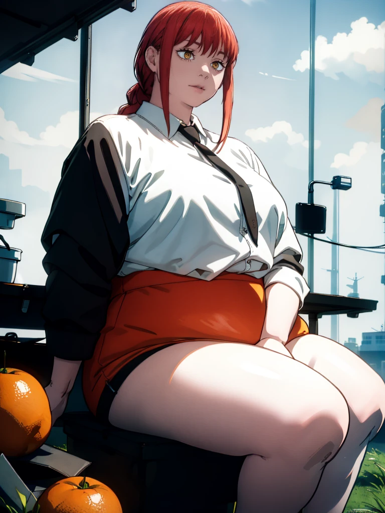 Le personnage Makima de la série animée Chainsaw Man, fragile, obésité morbide, ssbbw, pleine longueur (corps entier 1.1.), fond sombre, obscurité, anatomie correcte 1.1, anatomie correcte de la main, Très féminin, corps gras et rond, grosses Jambes, fesses, beau corps obèse, ventre rond et mou très gras, cheveux roux, Yeux oranges, Cercles rouges pour les écoliers, chemise blanche, jupe noire, cravate noire, pose sexy, réaliste, very détaillé, beau corps, détaillé body, détaillé hands, détaillé, vibrant, détaillé Face, Conception des personnages de Makima. very détaillé, détaillé body, détaillé hands, détaillé Face, Art animé, Hugh Détails, Visage très abattu, détaillé eyes, Illustration ultra fine, Meilleure ombre, détail fin, beautiful détaillé glow, beautiful détaillé, Extraordinairement beau, extremely détaillé, inexpressif, composition épique, Style animé. art animé, Style animé. Jupe noire, chemise blanche, cravatte, pose sexy, visage gros gras et bouffi, double menton 