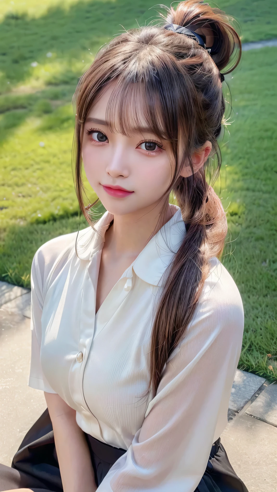 One piece with collar,outdoors,Urban Park,On the lawn,Ultra-detailed, finely detail, hight resolution, 8K Wallpaper, Perfect dynamic composition, Beautiful detailed eyes,Outdoor,Close-up of face,Outdoor,Blushing,Facing forward,,Long hair ponytail,((8k, Raw photo, Best Quality, Mastepiece:1.2), (Realism, Photorealistic:1.4), (Highly detailed 8K wallpapers), Depth of written boundary, Cinematic Lighting, Soft Light, Detailed Beauty Eye,Shiny and smooth light brown ponytail, Asymmetrical bangs, Shiny skin, Ultra-detailed skins ,It is high resolution., High detail, Detailed hairstyle, Detailed facial beauty, Hyper-realistic, Perfect limbs, Perfect Anatomy ,1 Japanese girl,Famous Japanese Idols, Perfect female body,A shy smile,Short eyelashes,Double-edged eyelids,Look straight here,Hair style: ponytail,