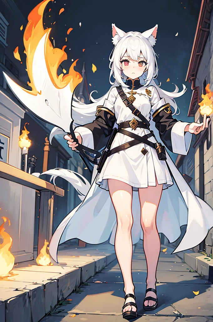 female, white hair, cat ears, The background is white,cleric,fire ax,