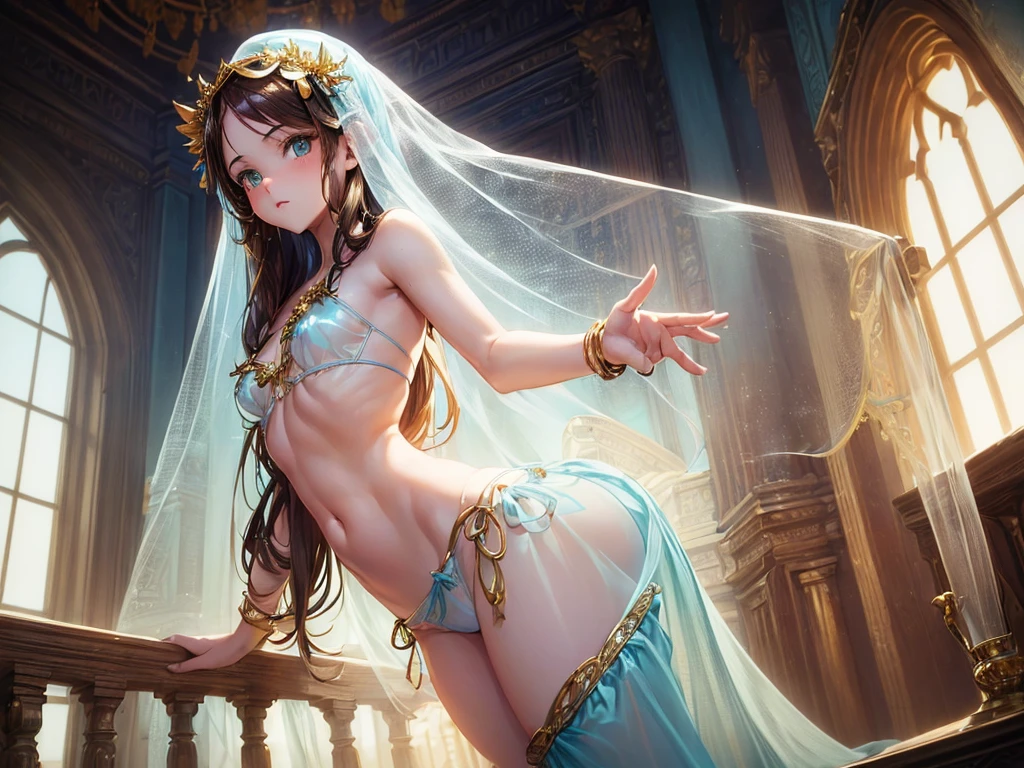 (((depict cute girl))), aerial dance, brown hair, long hair, straigh hair, green eyes, (small breasts), sunshine, nice hips, (((light blue transparent veil pajama pants))), ((pretty white panties stick out)), (Masterpiece, Excellent, complex details), delicate girl, delicate face, sumptuous palace, large windows, gold and precious stone jewelry