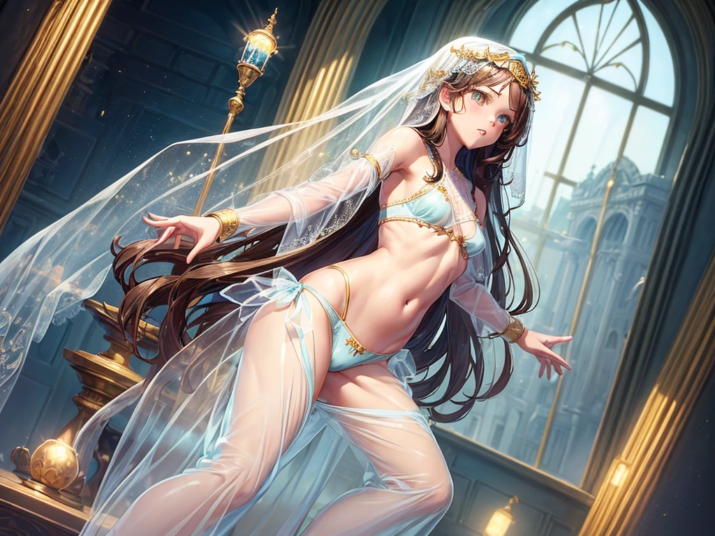 (((depict cute girl))), aerial dance, brown hair, long hair, straigh hair, green eyes, (small breasts), sunshine, nice hips, (((light blue transparent veil pajama pants))), ((pretty white panties stick out)), (Masterpiece, Excellent, complex details), delicate girl, delicate face, sumptuous palace, large windows, gold and precious stone jewelry