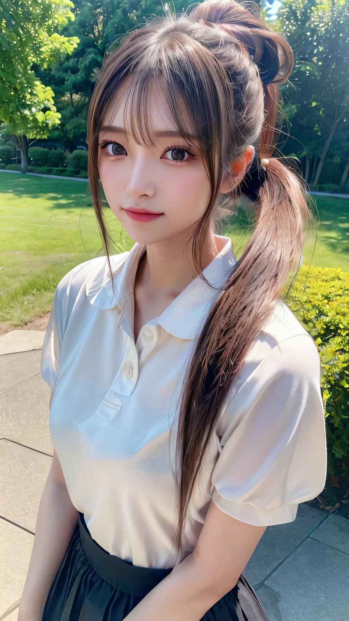 One piece with collar,outdoors,Urban Park,On the lawn,Ultra-detailed, finely detail, hight resolution, 8K Wallpaper, Perfect dynamic composition, Beautiful detailed eyes,Outdoor,Close-up of face,Outdoor,Blushing,Facing forward,,Long hair ponytail,((8k, Raw photo, Best Quality, Mastepiece:1.2), (Realism, Photorealistic:1.4), (Highly detailed 8K wallpapers), Depth of written boundary, Cinematic Lighting, Soft Light, Detailed Beauty Eye,Shiny and smooth light brown ponytail, Asymmetrical bangs, Shiny skin, Ultra-detailed skins ,It is high resolution., High detail, Detailed hairstyle, Detailed facial beauty, Hyper-realistic, Perfect limbs, Perfect Anatomy ,1 Japanese girl,Famous Japanese Idols, Perfect female body,A shy smile,Short eyelashes,Double-edged eyelids,Look straight here,Hair style: ponytail,
