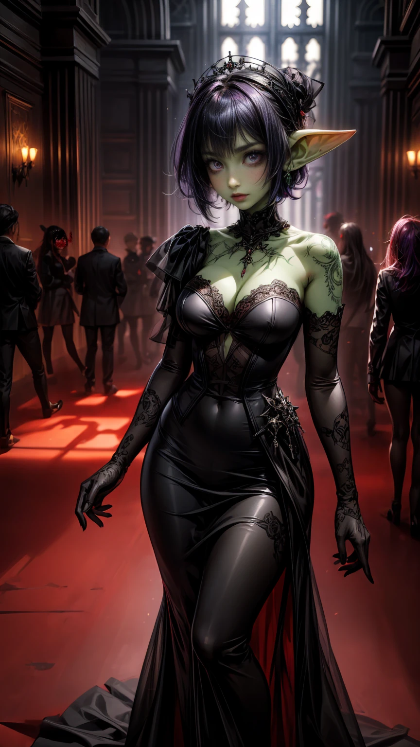 absurdrez, ((best quality)), ((masterpiece)), (detailed), dark gothic horror style, Halloween style, very small goblin girl, (green skin), pointy ears, (short purple hair with black streaks pixie hairstyle), aloof expression, bright red eyes, superior attitude, sassy, smug, wearing ornate large black ball gown, full body, elegant, beautiful, dynamic pose, cinematic still, detailed eyes, in a gothic ballroom, black and red jewelry, wearing black lace gloves, delicate, dark, dim lighting, backlit, rimlight