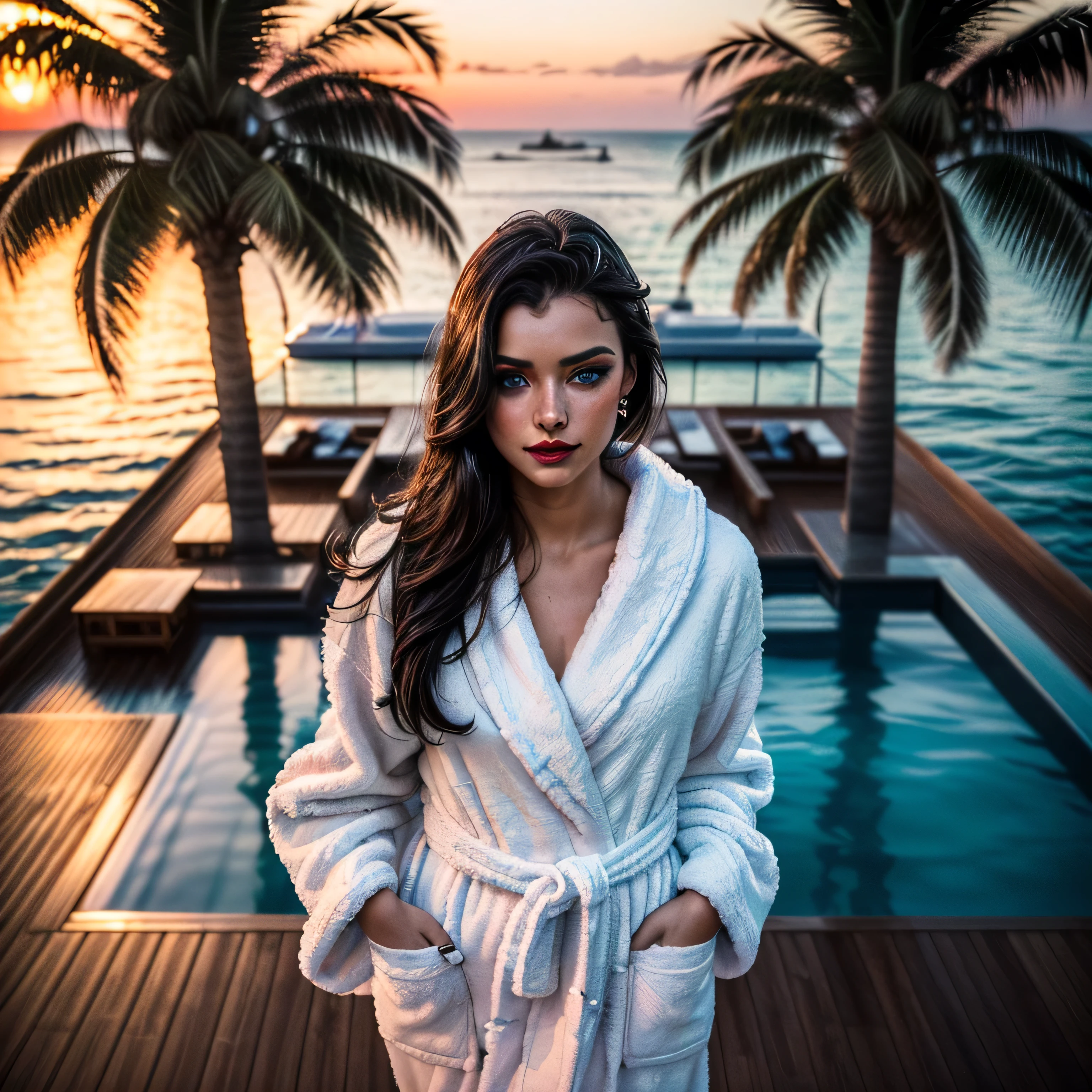 (masterpiece, photorealistic:1.4, extremely intricate:1.3), (photon mapping, radiosity, physically based rendering, ultra resolution, hyper-realistic, 8K), ((athletic age supermodel, nineteen female, ((((standing, lunging)), wrapped in a  fuzzy white bathrobe, [from above:looking away:0.3])), glisten, smirking, playful, 19 years old, ((bright red lips, upper torso, portrait)), long eyelashes, ((makeup:1.4, [skin detail:freckles:0.8]))), clear blue eyes, outdoor cruise ship, topdeck, (background faraway ocean beach palm trees), professional photograph elegant:1.2 girl, (long straight [glossblack hair:black hair:0.5])), BREAK ((film grain, dramatic, award winning, cinematic, diffusion, diffused, sunset), bokeh, blurry background, interaction, water reflections)
