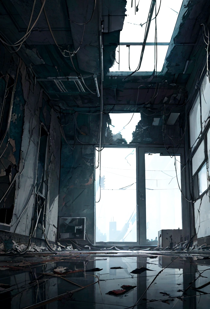 masterpiece, best quality, (abandoned futuristic house), (suspense environment), worn walls, cracks, cables, abandoned boxes, garbage and papers on the floor, pipes, Zoom in on window, window with broken glass, Window in the center of the frame, Night time,  Window in center of frame, (dense fog), , dust in the environment, wet floor, light reflections on the floor, very dark night, Cyberpunk, dark lighting, 