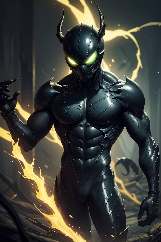 Appearance: The scorpion is a sinister and threatening creature, of exceptionally large size. Your body is black as night, absorbing the light around you, making it almost invisible in dark environments. Its pincers are huge and robust, Capable of breaking even the toughest objects. Its tail is long and thick, ending in a poisonous sting, that glows a vivid shade of neon green in the dark light.

cos: Covered in a shiny black exoskeleton, the scorpion displays iridescent spots that appear to change color as it moves. His eyes are deep-set and glow an intense red when they reflect light., adding to its spooky appearance.

naturey: This creature is a ruthless predator, Known for its ability to hunt silently in the dark. Its venom is extremely potent, capable of instantly paralyzing its prey and causing excruciating pain to those who dare challenge it.

symbolism: In addition to its function as a deadly predator, the black scorpion is seen as a symbol of imminent danger and impending death. Mythology and culture, he represents the dark side of nature and the inevitability of death, evoking fear and respect.