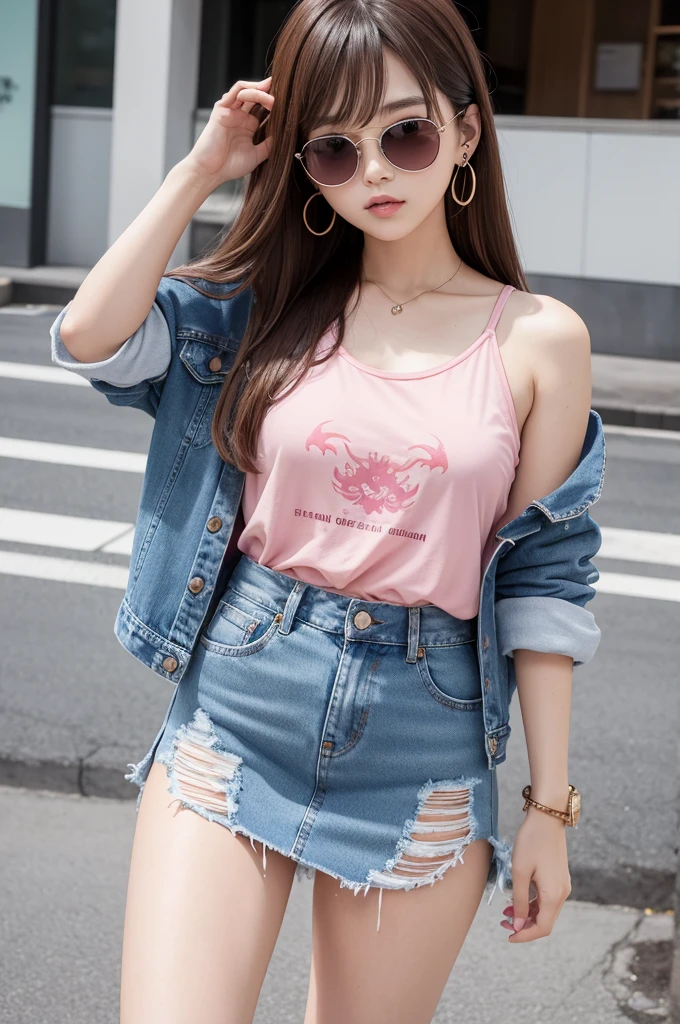 A characteristic Japanese girl,Caucasian skin, brown eyes slanted eyes, simple striking makeup, big long hair: brown hair color with pink and blue highlights. She wears earrings. Wearing sunglasses with fire design lens in blue and pink color. She has Japanese dragon tattoos on her arm., and phrases written in Japanese in pink colors . Wearing a pink cropped outfit, A denim dress with front buttons and ripped details on the sides and bottom. Wearing two pairs of white sneakers.