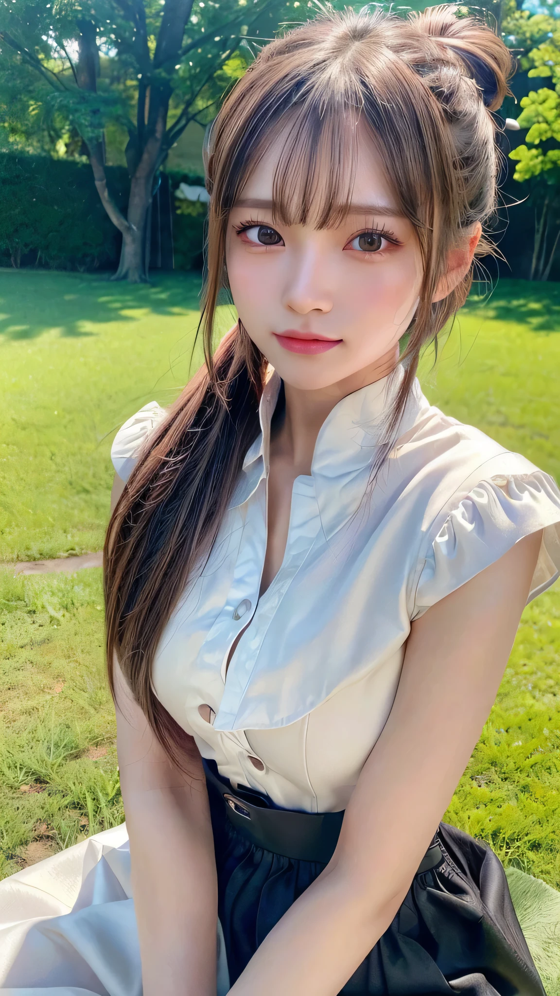 One piece with collar,outdoors,Urban Park,On the lawn,Ultra-detailed, finely detail, hight resolution, 8K Wallpaper, Perfect dynamic composition, Beautiful detailed eyes,Outdoor,Close-up of face,Outdoor,Blushing,Facing forward,,Long hair ponytail,((8k, Raw photo, Best Quality, Mastepiece:1.2), (Realism, Photorealistic:1.4), (Highly detailed 8K wallpapers), Depth of written boundary, Cinematic Lighting, Soft Light, Detailed Beauty Eye,Shiny and smooth light brown ponytail, Asymmetrical bangs, Shiny skin, Ultra-detailed skins ,It is high resolution., High detail, Detailed hairstyle, Detailed facial beauty, Hyper-realistic, Perfect limbs, Perfect Anatomy ,1 Japanese girl,Famous Japanese Idols, Perfect female body,A shy smile,Short eyelashes,Double-edged eyelids,Look straight here,Hair style: ponytail,