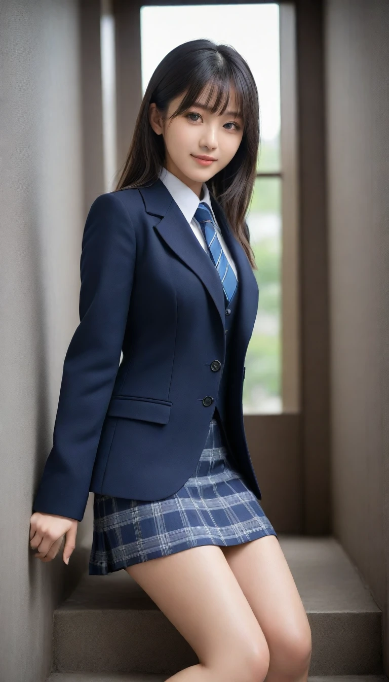 8K, Ultra-high resolution, Highest quality, masterpiece, 三分割法によるphotograph,Surreal, photograph, 1 Girl, (16 years old:1.3), pretty girl, Cute face, Beautiful eyes in every detail, 細かくdetailedに,masterpiece,, One Girl:1.2, Japan Female Announcer、Cowboy Shot,((very small head:1.3)),Center-parted bangs,amount,Black Hair,Long Hair,Iris,Gorgeous eyes,smile,((Toned body,Slender body,skinny)),(school uniform、Dark blue blazer jacket、Navy blue tie、Grey plaid pleated mini skirt),Beautiful leg line beauty,Captivating thighs,Glowing Skin,Shiny skin,Climbing the stairs,Fire escape in a building,Full of sex appeal,Sensual,屈託のないsmile,Heal the heart,Low - Angle、beauty,Long neck、Laugh a little、Please close your mouth and laugh、(((Ideal body type))),A cup small breasts :2,、Portraiture:2、Perfect Anatomy、鮮明なdetailed、detailed、Surreal、Light and shadow,Strong light