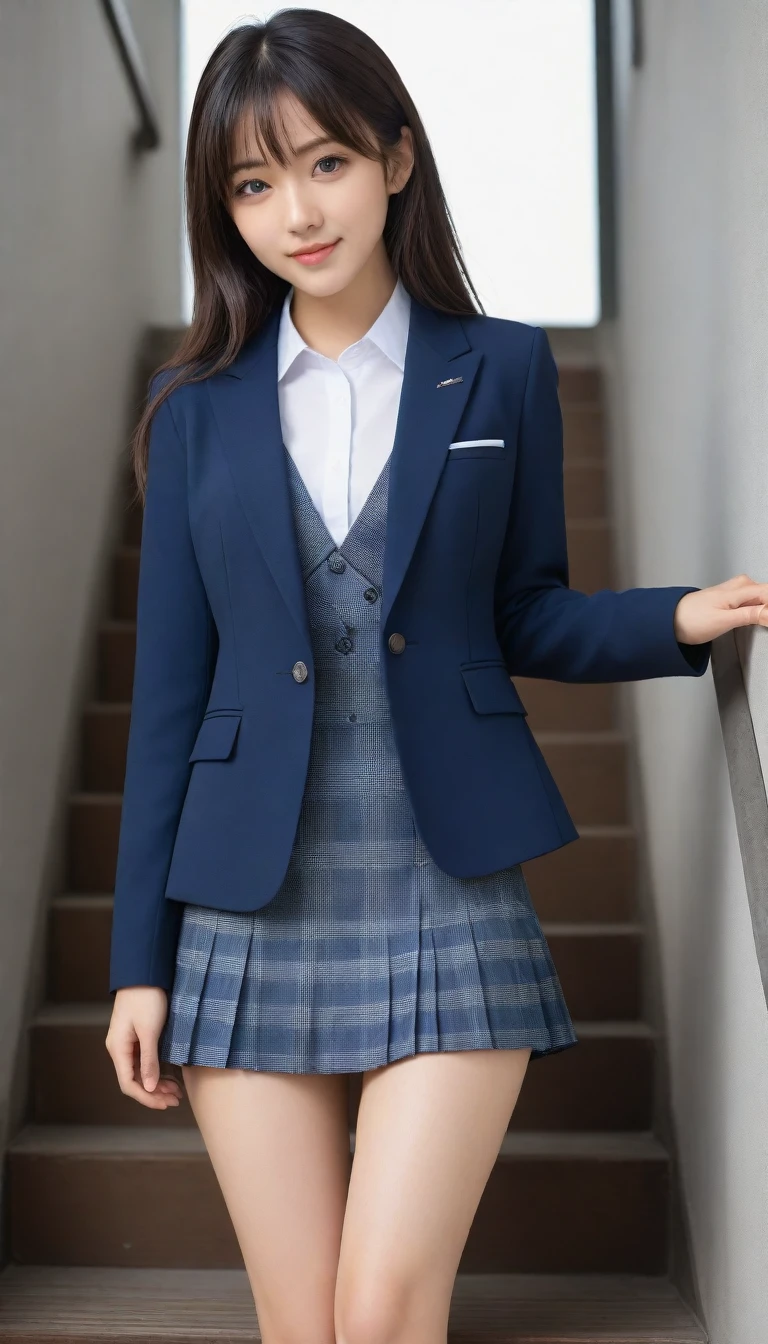 8K, Ultra-high resolution, Highest quality, masterpiece, 三分割法によるphotograph,Surreal, photograph, 1 Girl, (16 years old:1.3), pretty girl, Cute face, Beautiful eyes in every detail, 細かくdetailedに,masterpiece,, One Girl:1.2, Japan Female Announcer、Cowboy Shot,((very small head:1.3)),Center-parted bangs,amount,Black Hair,Long Hair,Iris,Gorgeous eyes,smile,((Toned body,Slender body,skinny)),(school uniform、Dark blue blazer jacket、Navy blue tie、Grey plaid pleated mini skirt),Beautiful leg line beauty,Captivating thighs,Glowing Skin,Shiny skin,Climbing the stairs,Fire escape in a building,Full of sex appeal,Sensual,屈託のないsmile,Heal the heart,Low - Angle、beauty,Long neck、Laugh a little、Please close your mouth and laugh、(((Ideal body type))),A cup small breasts :2,、Portraiture:2、Perfect Anatomy、鮮明なdetailed、detailed、Surreal、Light and shadow,Strong light