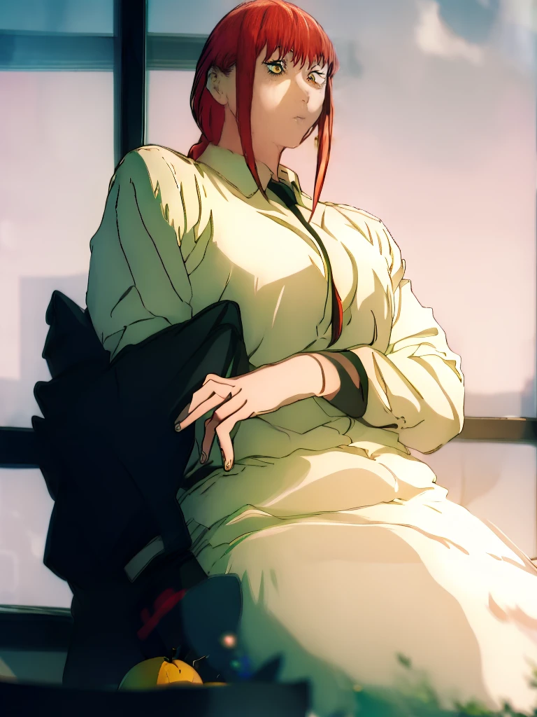 Le personnage Makima de la série animée Chainsaw Man, fragile, obésité morbide, ssbbw, pleine longueur (corps entier 1.1.), fond sombre, obscurité, anatomie correcte 1.1, anatomie correcte de la main, Très féminin, corps gras et rond, grosses Jambes, fesses, beau corps obèse, ventre rond et mou très gras, cheveux roux, Yeux oranges, Cercles rouges pour les écoliers, chemise blanche, jupe noire, cravate noire, pose sexy, réaliste, very détaillé, beau corps, détaillé body, détaillé hands, détaillé, vibrant, détaillé Face, Conception des personnages de Makima. very détaillé, détaillé body, détaillé hands, détaillé Face, Art animé, Hugh Détails, Visage très abattu, détaillé eyes, Illustration ultra fine, Meilleure ombre, détail fin, beautiful détaillé glow, beautiful détaillé, Extraordinairement beau, extremely détaillé, inexpressif, composition épique, Style animé. art animé, Style animé. Jupe noire, chemise blanche, cravatte, pose sexy