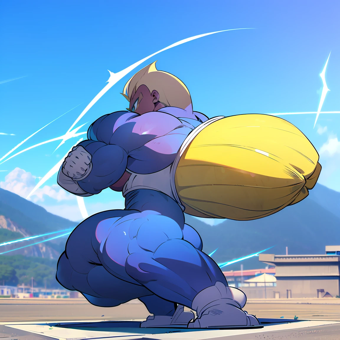 1boy, vegetass2, bodysuit, blue bodysuit, looking at viewer, blonde hair, gloves, green eyes, male focus, white gloves, armor, muscular, spiked hair, saiyan armor, from Dragon Ball Z, straddle stance, (huge muscles:1.8), full body, yellow aura, electricity, Dragon Ball Z artstyle, in the style of Akira Toriyama, white tiled floor, outdoors, flat-top mountains, Extreme Wide shot, Low Angle Shot, , masterpiece, best quality, very aesthetic, absurdres,