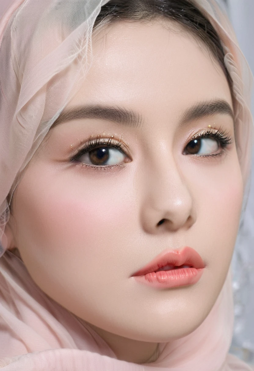 Realistic photo,wearing dress and long hijab, look from side, hyperrealistic, masterpiece, sweet ekspresion, melancholy , closeup photo, bright eyes, sexy lips, detailed makeup, detailed eyes cornea, wearing hijab no hair looks, blush pink cheek