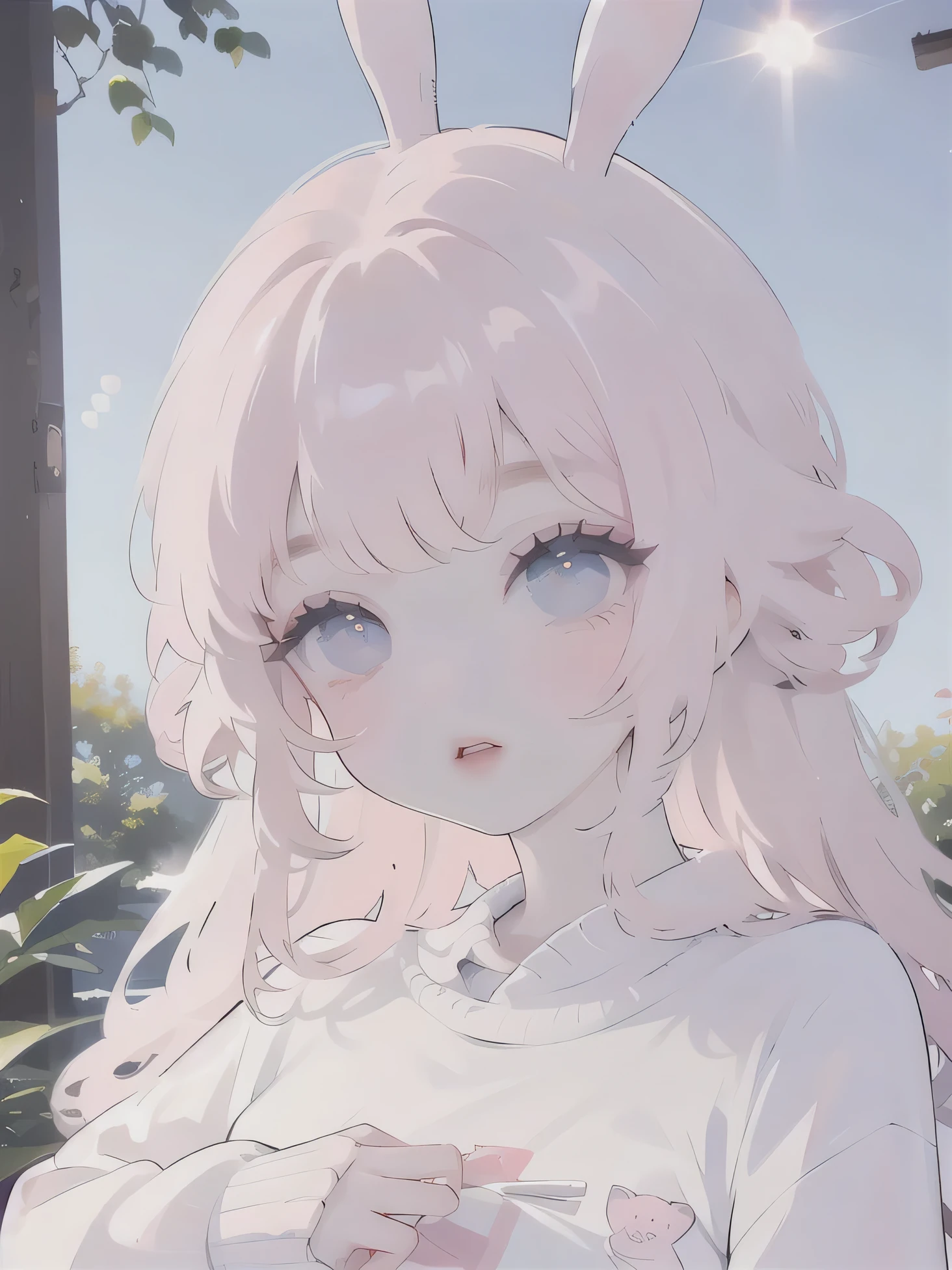 (high quality) (best quality) (a woman) (correct physiognomy) (perfect students) (perfect eyes) anime woman, deep pink long and fluffy hair pink, two rabbit ears coming out of her head, blue eyes, lips sensitive, feminine appearance, soft facial features, thin eyebrows, soft skin, rosy cheeks, pink lips, silky eyelashes, dreamy expression, middle age, youthful clothing, print sweatshirt, photo illuminated by sunlight, Woman sitting on forest.