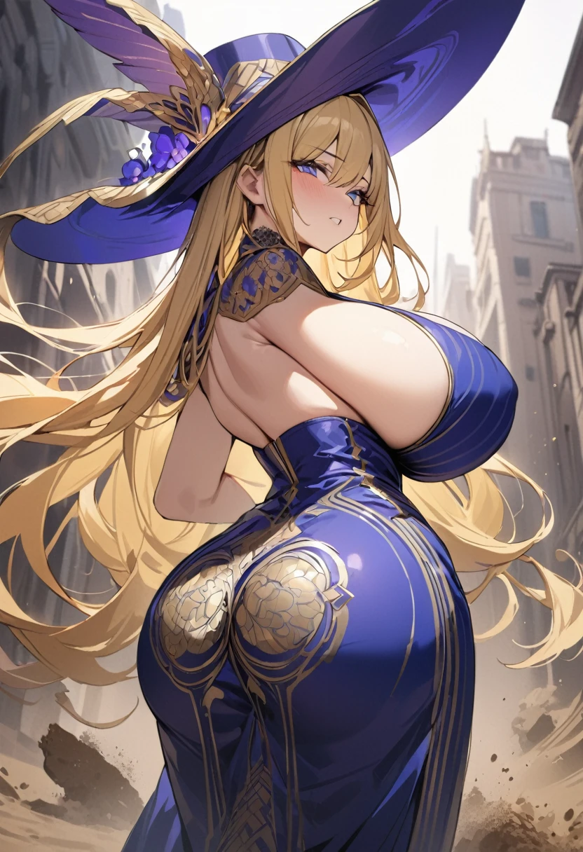(( straight face picture )) ((best quality)), ((Masterpiece)), (details), Young woman , yellow hair , Dirt. , blue eyes ,Blue purple set, Gold pattern, wearing a big brimmed hat , Magician , The dress is very beautiful. ,long dress ,big breasts ,Big butt