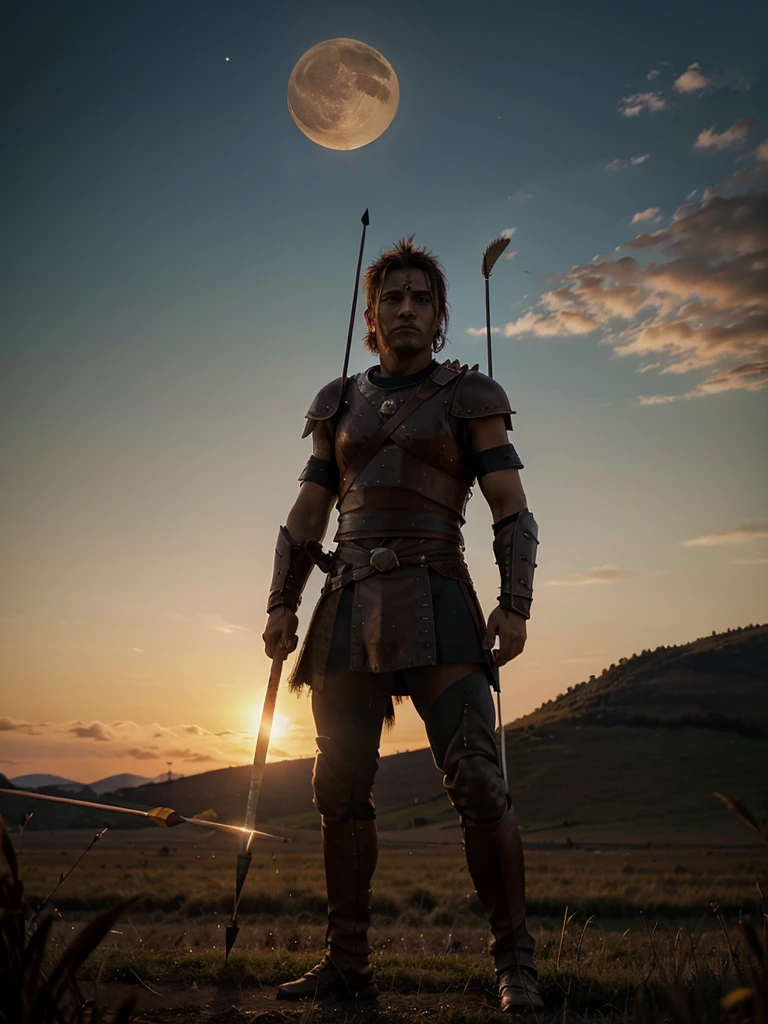 A lone warrior against an entire army, field, sunset, beautiful moon, fire  , spear in the hand of a warrior , Spartan armor, distant side view, 4K, army against , a whole army opposite, bright picture, warrior looks at the army , arrow in a warrior&#39;s shoulder 