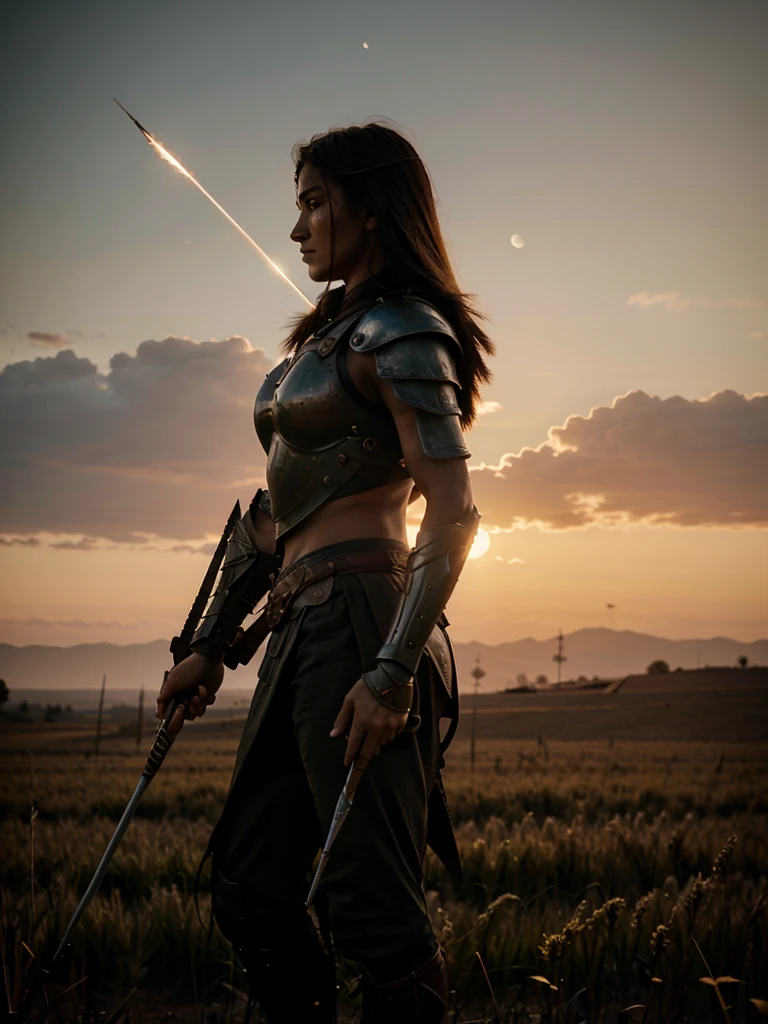 A lone warrior against an entire army, field, sunset, beautiful moon, fire  , spear in the hand of a warrior , Spartan armor, distant side view, 4K, army against , a whole army opposite, bright picture, warrior looks at the army , arrow in a warrior&#39;s shoulder 