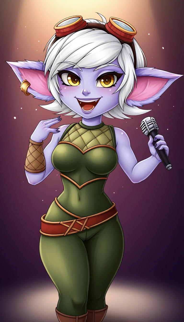 TristanaLoLXL, yordle, yellow eyes, pointy ears, by white, short hair, earrings, glasses on head, purple skin, colored skin. medium breasts, nymph clothes, singing