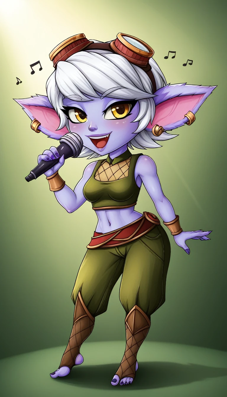 TristanaLoLXL, yordle, yellow eyes, pointy ears, by white, short hair, earrings, glasses on head, purple skin, colored skin. medium breasts, nymph clothes, singing