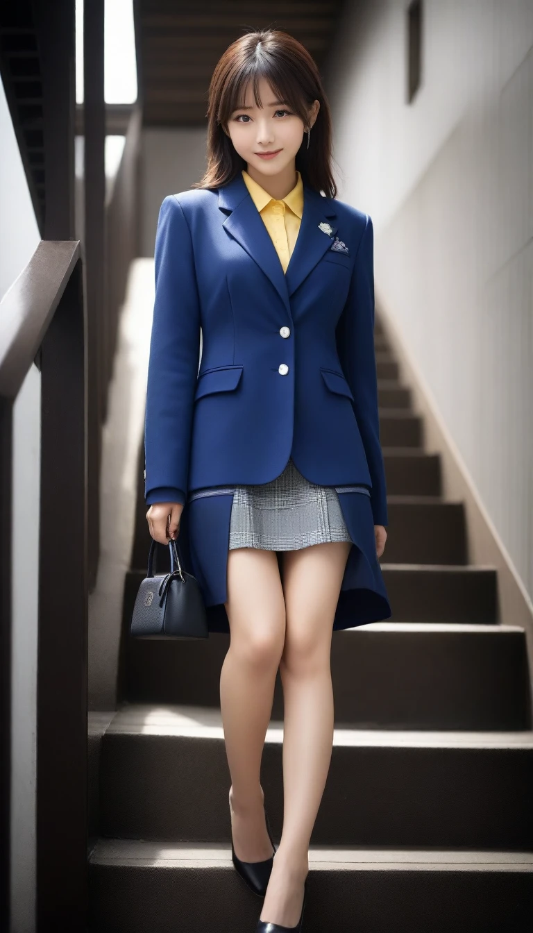 8K, Ultra-high resolution, Highest quality, masterpiece, 三分割法によるphotograph,Surreal, photograph, 1 Girl, (16 years old:1.3), pretty girl, Cute face, Beautiful eyes in every detail, 細かくdetailedに,masterpiece,, One Girl:1.2, Japan Female Announcer、Cowboy Shot,((very small head:1.3)),Center-parted bangs,amount,Black Hair,Long Hair,Iris,Gorgeous eyes,smile,((Toned body,Slender body,skinny)),(school uniform、Dark blue blazer jacket、Navy blue tie、Grey plaid pleated mini skirt),Beautiful leg line beauty,Captivating thighs,Glowing Skin,Shiny skin,Climbing the stairs,Fire escape in a building,Full of sex appeal,Sensual,屈託のないsmile,Heal the heart,Low - Angle、beauty,Long neck、Laugh a little、Please close your mouth and laugh、(((Ideal body type))),A cup small breasts :2,、Portraiture:2、Perfect Anatomy、鮮明なdetailed、detailed、Surreal、Light and shadow,Strong light