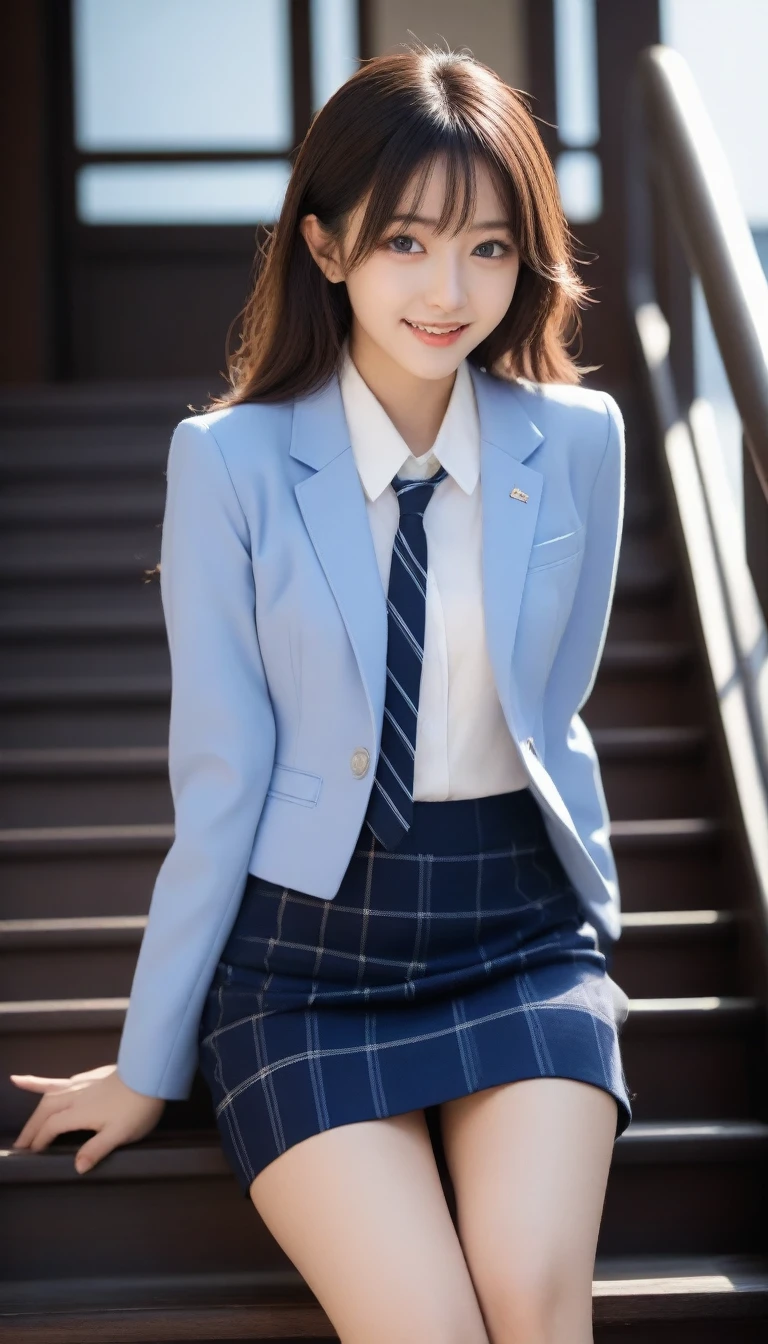 8K, Ultra-high resolution, Highest quality, masterpiece, 三分割法によるphotograph,Surreal, photograph, 1 Girl, (16 years old:1.3), pretty girl, Cute face, Beautiful eyes in every detail, 細かくdetailedに,masterpiece,, One Girl:1.2, Japan Female Announcer、Cowboy Shot,((very small head:1.3)),Center-parted bangs,amount,Black Hair,Long Hair,Iris,Gorgeous eyes,smile,((Toned body,Slender body,skinny)),(school uniform、Dark blue blazer jacket、Navy blue tie、Grey plaid pleated mini skirt),Beautiful leg line beauty,Captivating thighs,Glowing Skin,Shiny skin,Climbing the stairs,Fire escape in a building,Full of sex appeal,Sensual,屈託のないsmile,Heal the heart,Low - Angle、beauty,Long neck、Laugh a little、Please close your mouth and laugh、(((Ideal body type))),A cup small breasts :2,、Portraiture:2、Perfect Anatomy、鮮明なdetailed、detailed、Surreal、Light and shadow,Strong light