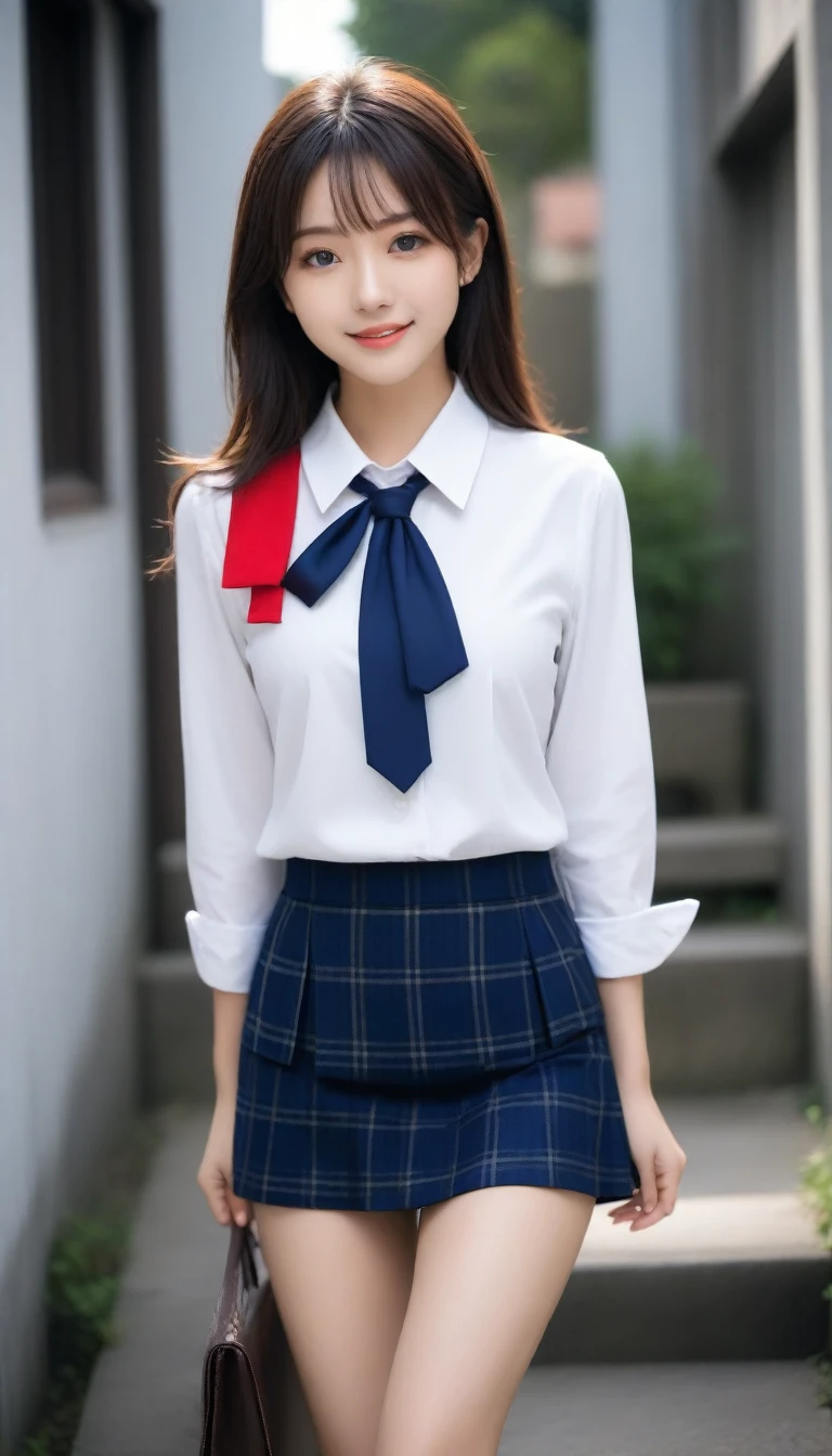 8K, Ultra-high resolution, Highest quality, masterpiece, 三分割法によるphotograph,Surreal, photograph, 1 Girl, (16 years old:1.3), pretty girl, Cute face, Beautiful eyes in every detail, 細かくdetailedに,masterpiece,, One Girl:1.2, Japan Female Announcer、Cowboy Shot,((very small head:1.3)),Center-parted bangs,amount,Black Hair,Long Hair,Iris,Gorgeous eyes,smile,((Toned body,Slender body,skinny)),(school uniform、Dark blue blazer jacket、Navy blue tie、Grey plaid pleated mini skirt),Beautiful leg line beauty,Captivating thighs,Glowing Skin,Shiny skin,Climbing the stairs,Fire escape in a building,Full of sex appeal,Sensual,屈託のないsmile,Heal the heart,Low - Angle、beauty,Long neck、Laugh a little、Please close your mouth and laugh、(((Ideal body type))),A cup small breasts :2,、Portraiture:2、Perfect Anatomy、鮮明なdetailed、detailed、Surreal、Light and shadow,Strong light