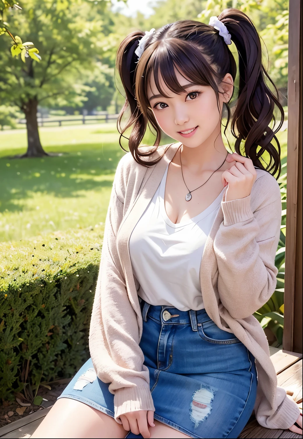 (Highest quality,masterpiece:1.3,Ultra-high resolution),(Very detailed、Caustics) (Realistic:1.4, RAW shooting、)Ultra-Realistic Capture、Very detailed、Natural skin texture、masterpiece、(A Japanese girl wearing a cardigan over a printed T-shirt and a tight jeans skirt:1.3)、Adorable expression、Expressions of happiness、14 years old、height: 160cm、Young Face、Amazingly cute、Twin tail hairstyle、Curly Hair、Scrunchie、necklace、Black Hair、light makeup、Slightly large chest、Shining thighs、Shining ass、Private garden photoshoot、Background details、smile、An inviting gaze、Anatomically correct、Cowboy Shot、Attention to detail、Sexy and cute pose