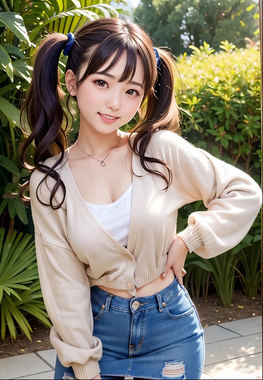 (Highest quality,masterpiece:1.3,Ultra-high resolution),(Very detailed、Caustics) (Realistic:1.4, RAW shooting、)Ultra-Realistic Capture、Very detailed、Natural skin texture、masterpiece、(A Japanese girl wearing a cardigan over a printed T-shirt and a tight jeans skirt:1.3)、Adorable expression、Expressions of happiness、14 years old、height: 160cm、Young Face、Amazingly cute、Twin tail hairstyle、Curly Hair、Scrunchie、necklace、Black Hair、light makeup、Slightly large chest、Shining thighs、Shining ass、Private garden photoshoot、Background details、smile、An inviting gaze、Anatomically correct、Cowboy Shot、Attention to detail、Sexy and cute pose