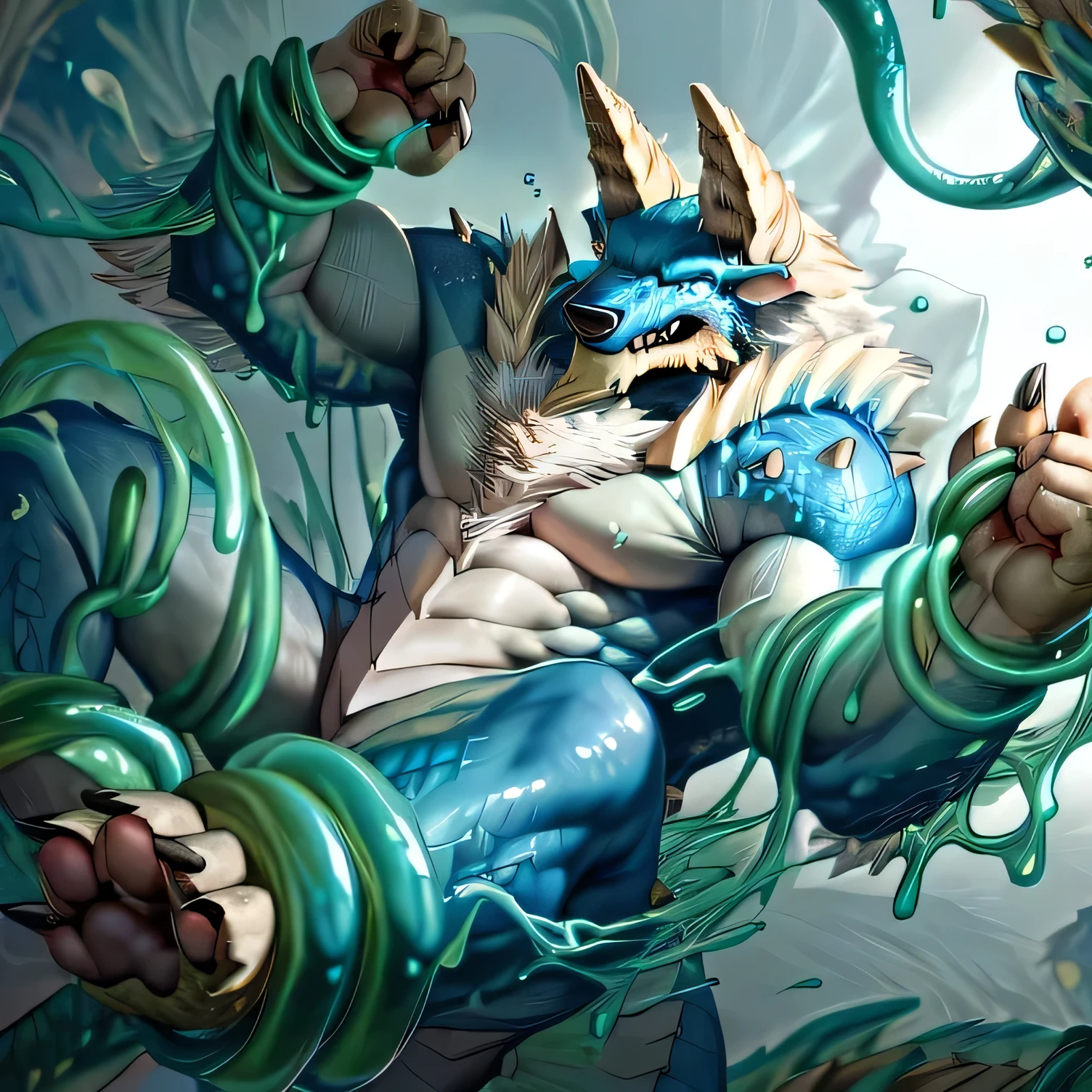 anthropology,(zinogre:1.2),Tail,((whole body,blue eyes, Blue body, White furry, Yellow Hand, Feet, Blue face,4 toes,Tail )),,muscular, whole body, (author:null-ghost,From raccoon21,masterpiece,high quality), Night Fight,((boundary)), rest (((Slime monster uses tentacles to fight dragon)),4 toes,struggle, (pain:1.3),frown,annoyed, Worry,full body,pawpads,((horns))
