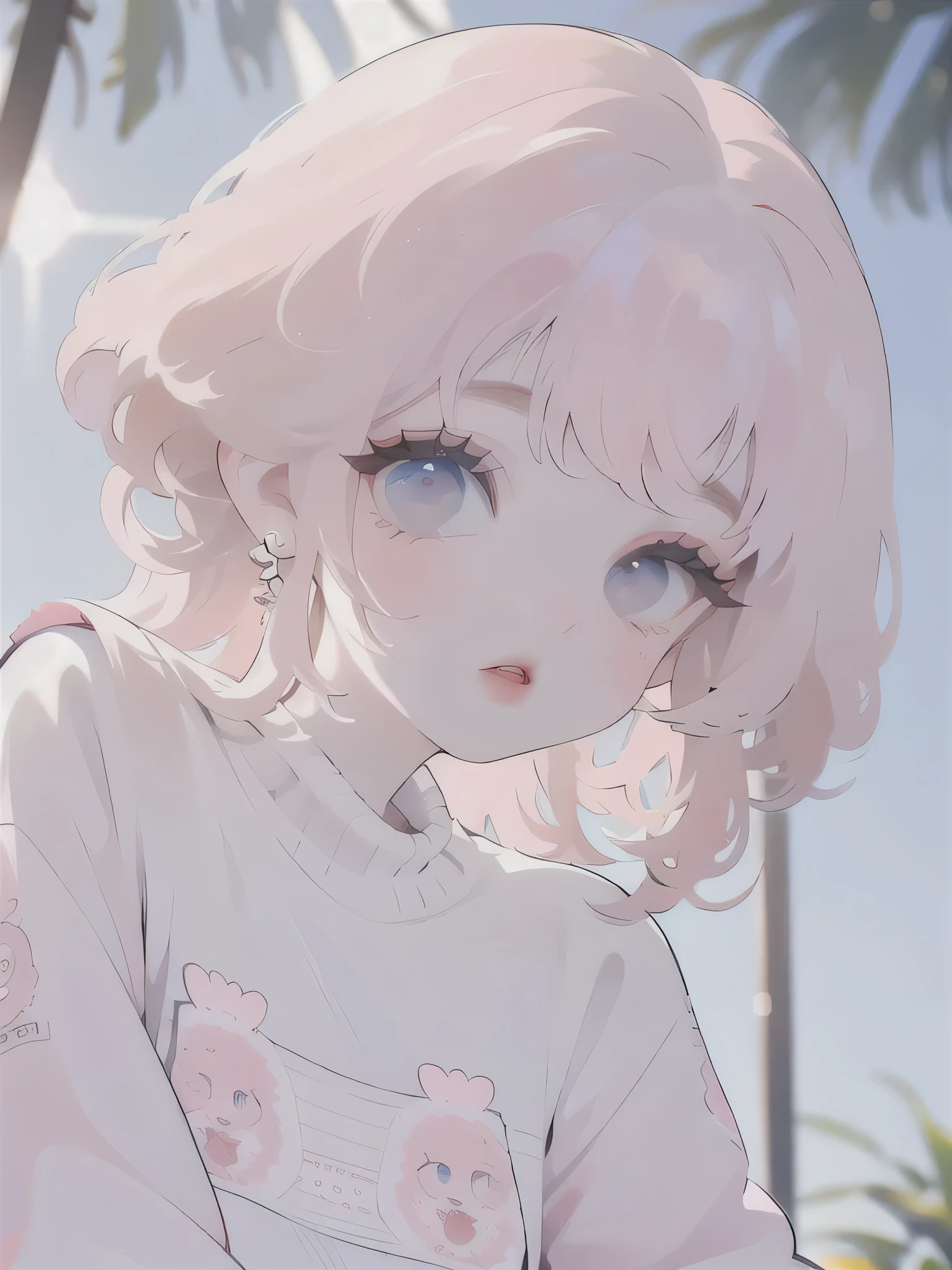 (high quality) (best quality) (a woman) (correct physiognomy) (perfect students) (perfect eyes) anime woman, deep pink long and fluffy hair pink, two rabbit ears coming out of her head, blue eyes, lips sensitive, feminine appearance, soft facial features, thin eyebrows, soft skin, rosy cheeks, pink lips, silky eyelashes, dreamy expression, middle age, youthful clothing, print sweatshirt, photo illuminated by sunlight, Woman sitting on forest.