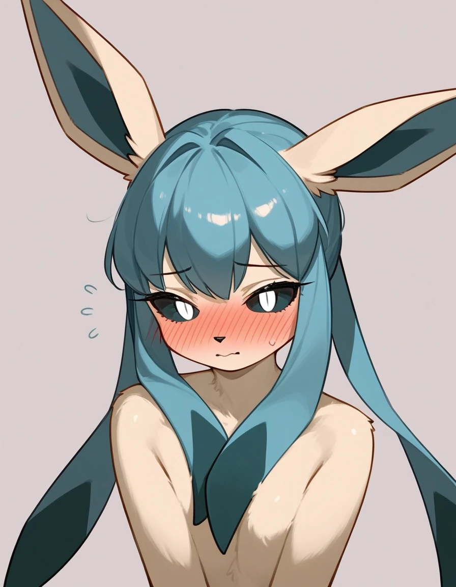 alone, score_9,score_8_up,score_7_up, an anthro furry female glaceon girl, black sclera, white eyes, naked, covering, embarrassed, blushing.