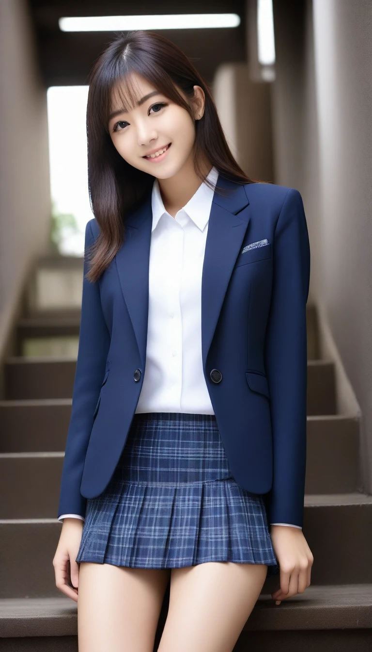 8K, Ultra-high resolution, Highest quality, masterpiece, 三分割法によるphotograph,Surreal, photograph, 1 Girl, (16 years old:1.3), pretty girl, Cute face, Beautiful eyes in every detail, 細かくdetailedに,masterpiece,, One Girl:1.2, Japan Female Announcer、Cowboy Shot,((very small head:1.3)),Center-parted bangs,amount,Black Hair,Long Hair,Iris,Gorgeous eyes,smile,((Toned body,Slender body,skinny)),(school uniform、Dark blue blazer jacket、Navy blue tie、Grey plaid pleated mini skirt),Beautiful leg line beauty,Captivating thighs,Glowing Skin,Shiny skin,Climbing the stairs,Fire escape in a building,Full of sex appeal,Sensual,屈託のないsmile,Heal the heart,Low - Angle、beauty,Long neck、Laugh a little、Please close your mouth and laugh、(((Ideal body type))),A cup small breasts :2,、Portraiture:2、Perfect Anatomy、鮮明なdetailed、detailed、Surreal、Light and shadow,Strong light