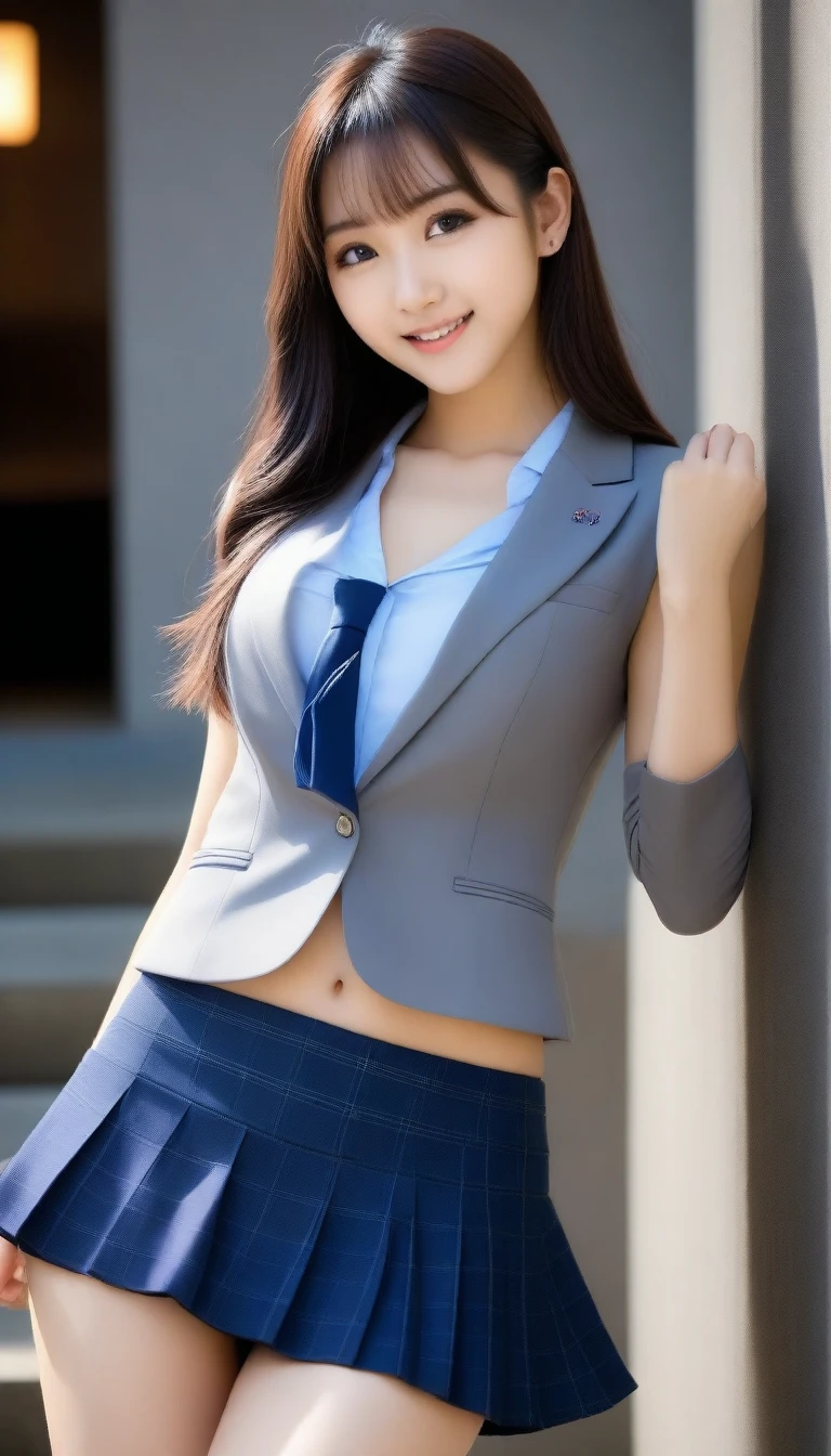8K, Ultra-high resolution, Highest quality, masterpiece, 三分割法によるphotograph,Surreal, photograph, 1 Girl, (16 years old:1.3), pretty girl, Cute face, Beautiful eyes in every detail, 細かくdetailedに,masterpiece,, One Girl:1.2, Japan Female Announcer、Cowboy Shot,((very small head:1.3)),Center-parted bangs,amount,Black Hair,Long Hair,Iris,Gorgeous eyes,smile,((Toned body,Slender body,skinny)),(school uniform、Dark blue blazer jacket、Navy blue tie、Grey plaid pleated mini skirt),Beautiful leg line beauty,Captivating thighs,Glowing Skin,Shiny skin,Climbing the stairs,Fire escape in a building,Full of sex appeal,Sensual,屈託のないsmile,Heal the heart,Low - Angle、beauty,Long neck、Laugh a little、Please close your mouth and laugh、(((Ideal body type))),A cup small breasts :2,、Portraiture:2、Perfect Anatomy、鮮明なdetailed、detailed、Surreal、Light and shadow,Strong light