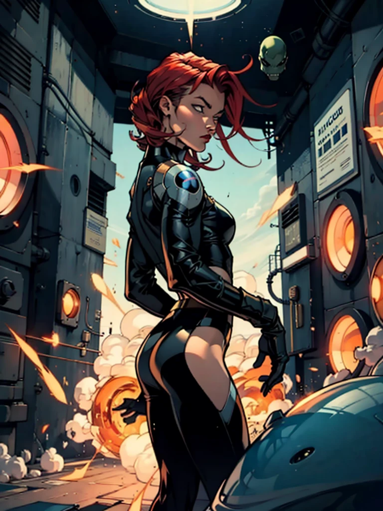 Redhead woman in sensual pose escaping from alien portal , she is looking back , as if someone was chasing her , alien ship