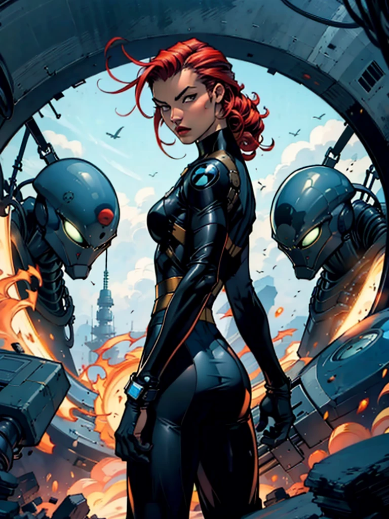Redhead woman in sensual pose escaping from alien portal , she is looking back , as if someone was chasing her , alien ship