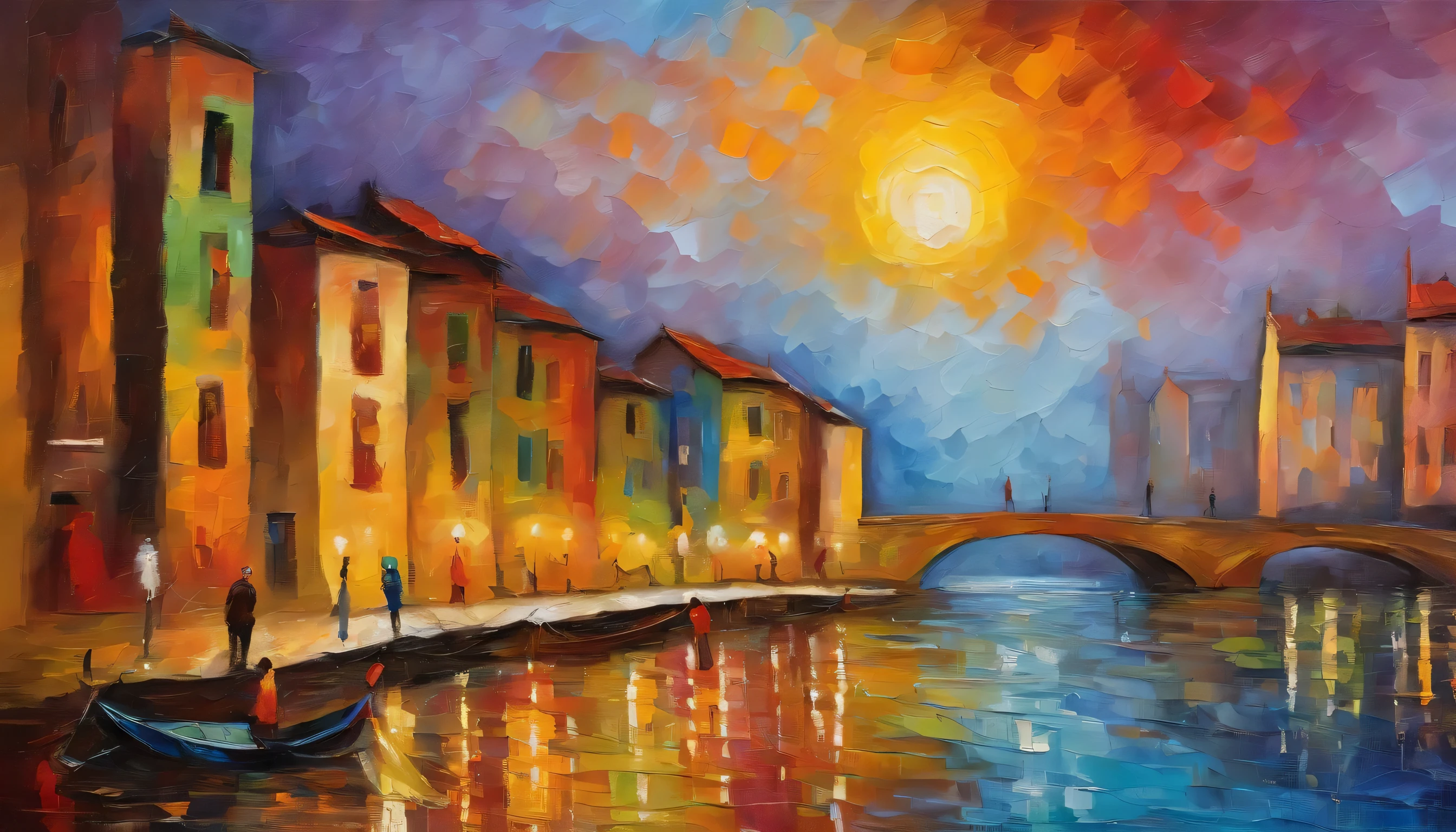 Vista city and skyline,plethora of colors,Crowd movement,There are vehicles passing by,Produces flying shadows,Close up of a delicate woman drinking coffee under a warm street lamp by the river,Bright abstract oil painting style