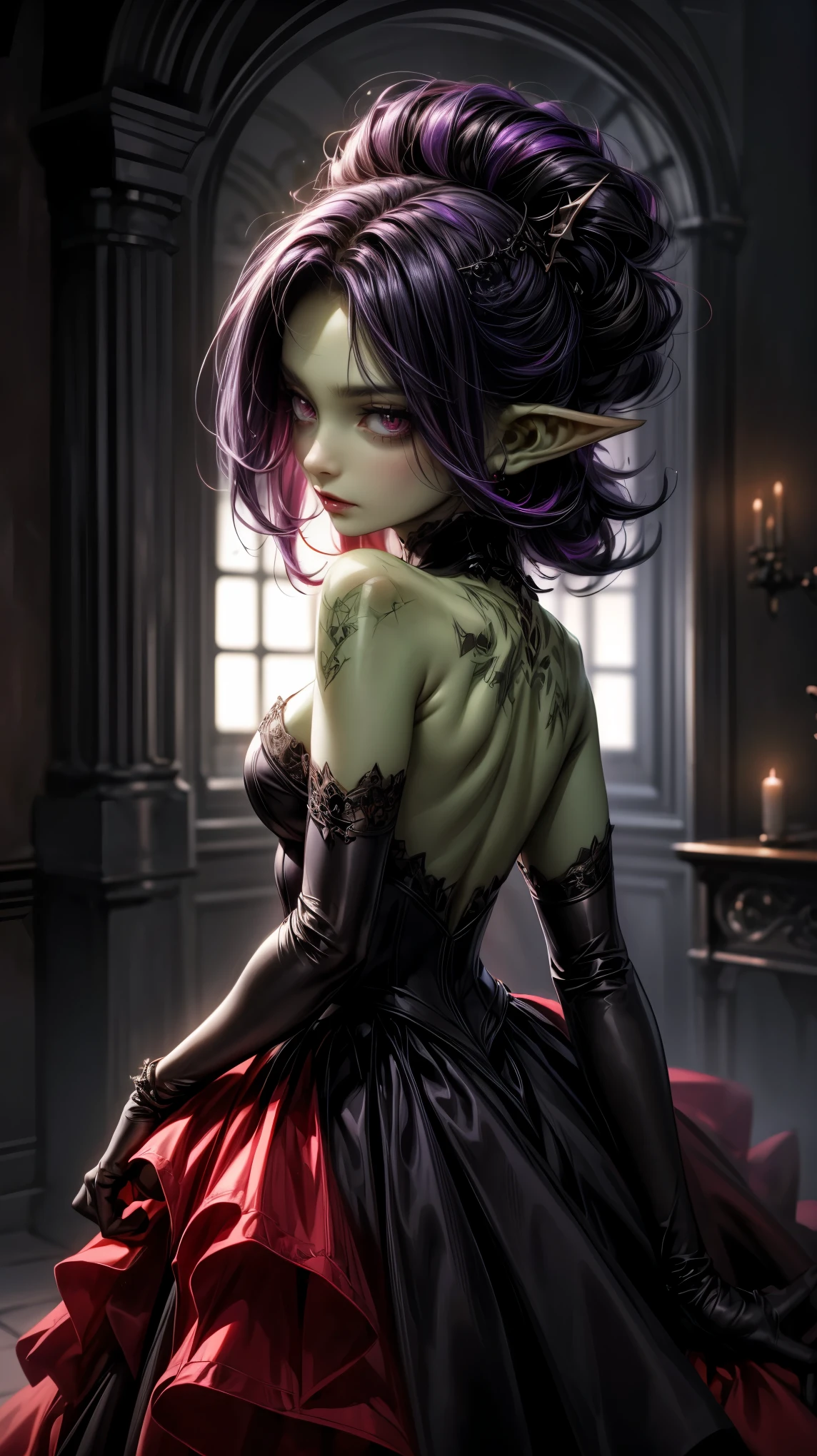 absurdrez, ((best quality)), ((masterpiece)), (detailed), dark gothic horror style, Halloween style, very small goblin girl, (green skin), pointy ears, (short purple hair with black streaks pixie hairstyle), aloof expression, bright red eyes, superior attitude, sassy, smug, wearing ornate large black ball gown, full body, elegant, beautiful, dynamic pose, cinematic still, detailed eyes, in a gothic ballroom, black and red jewelry, wearing black lace gloves, delicate, dark, dim lighting, backlit, rimlight